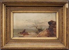 Antico dipinto ad olio della scuola americana del fiume Hudson, paesaggio costiero sulla spiaggia