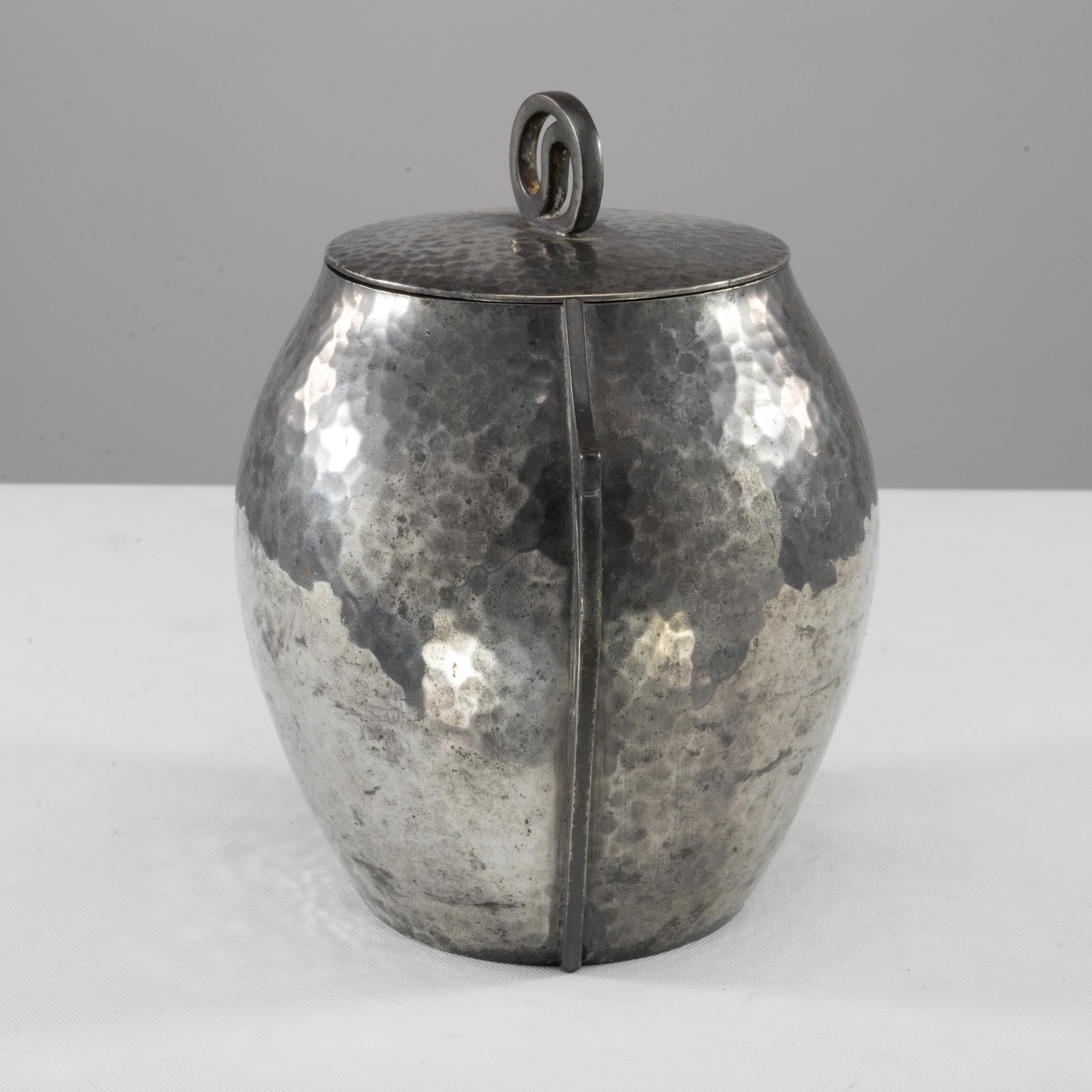 Pewter William Hutton and Sons for Liberty and Co. Hand hammered pewter biscuit barrel For Sale