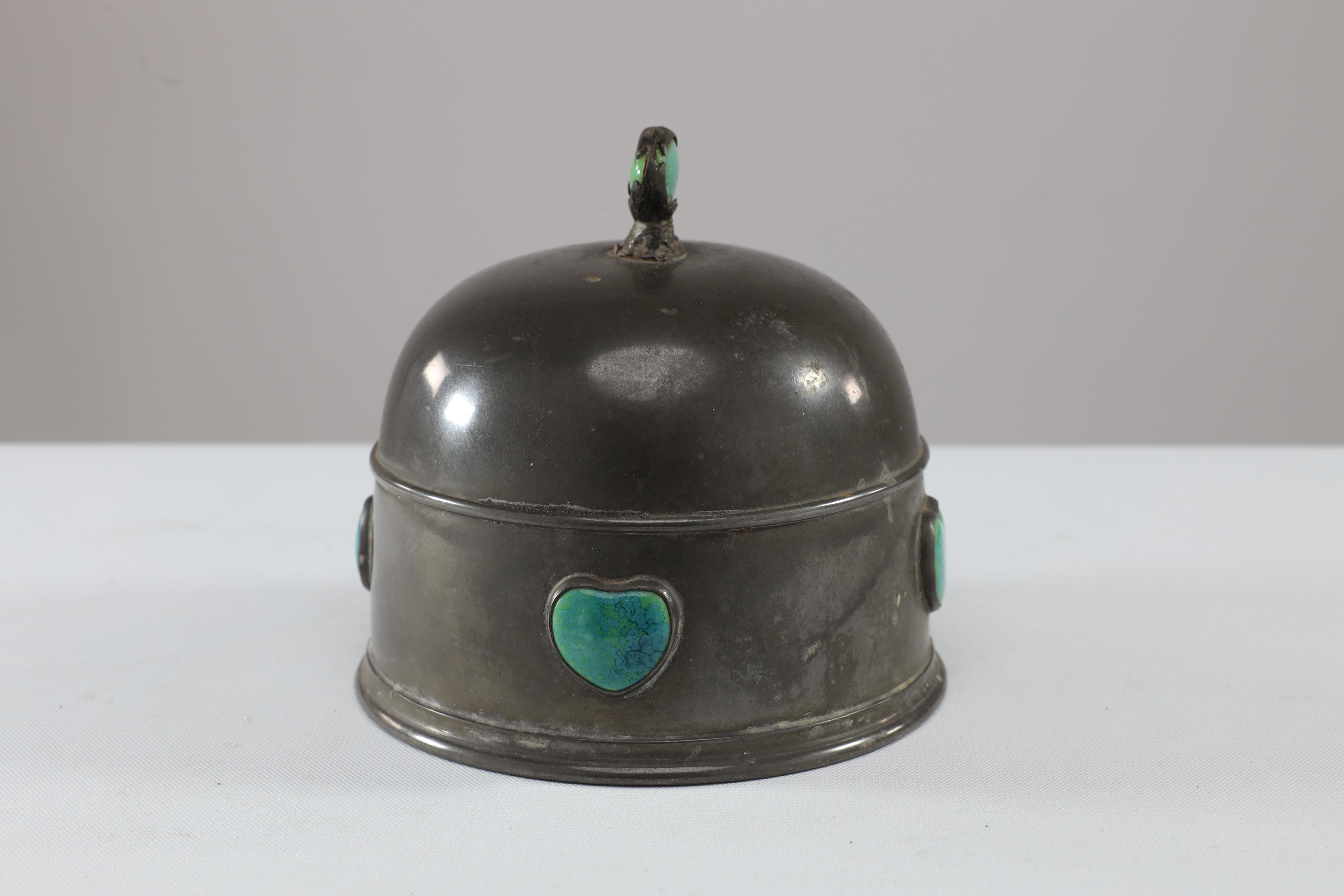 Arts and Crafts William Hutton probably for Liberty & Co A pewter muffin cover with Ruskin jewel For Sale