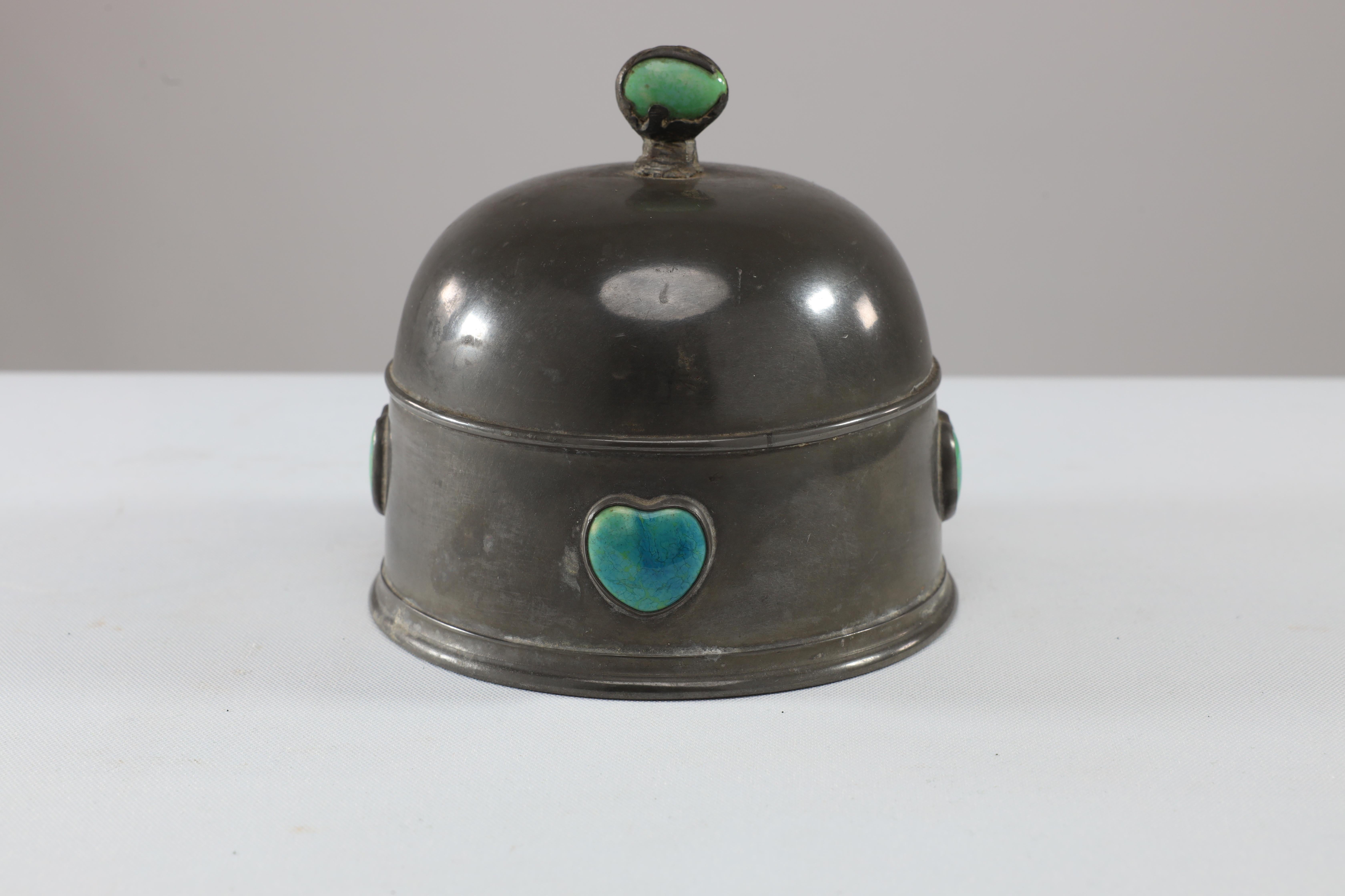 Early 20th Century William Hutton probably for Liberty & Co A pewter muffin cover with Ruskin jewel For Sale