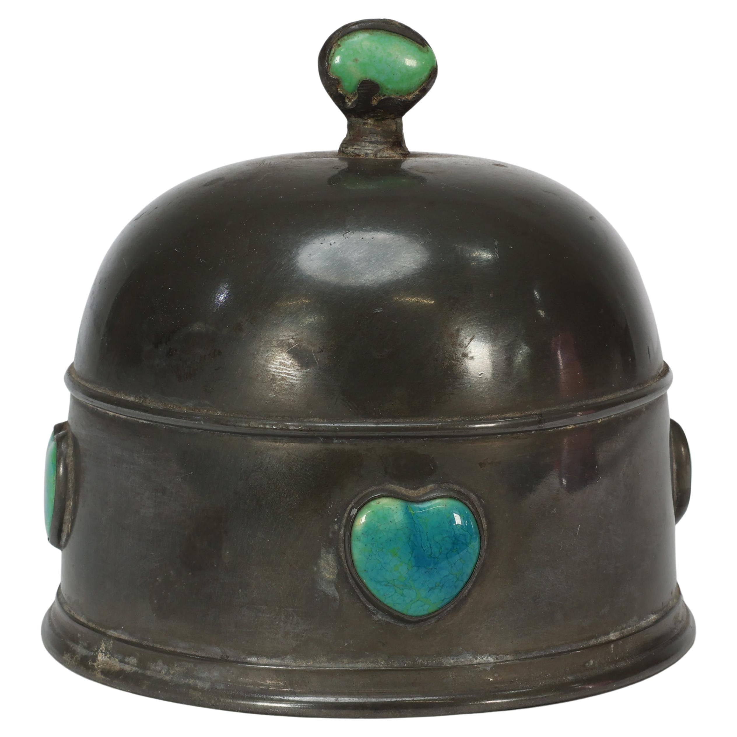 William Hutton probably for Liberty & Co A pewter muffin cover with Ruskin jewel For Sale