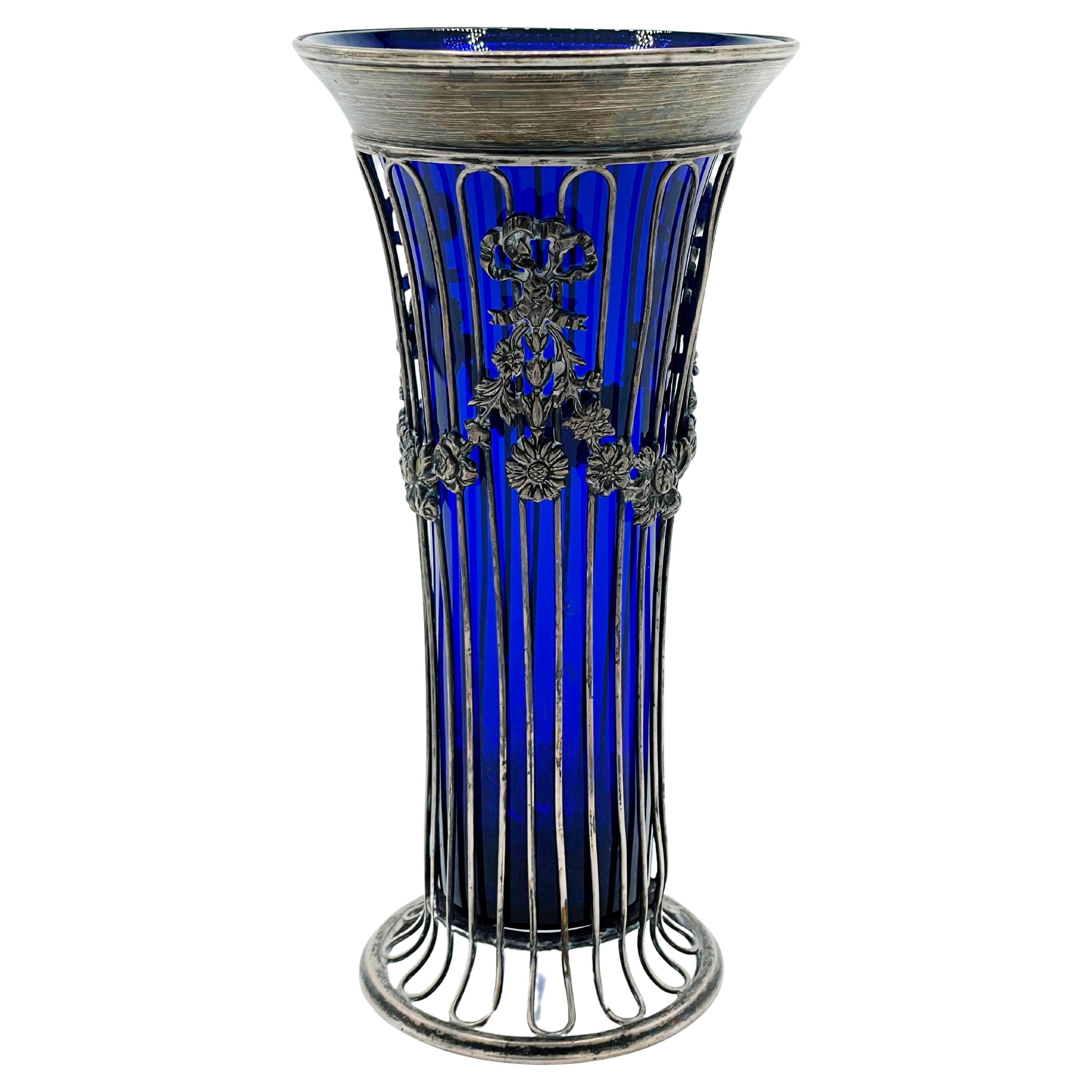 William Hutton Sheffield Sterling Silver & Cobalt Blue Glass vase For Sale