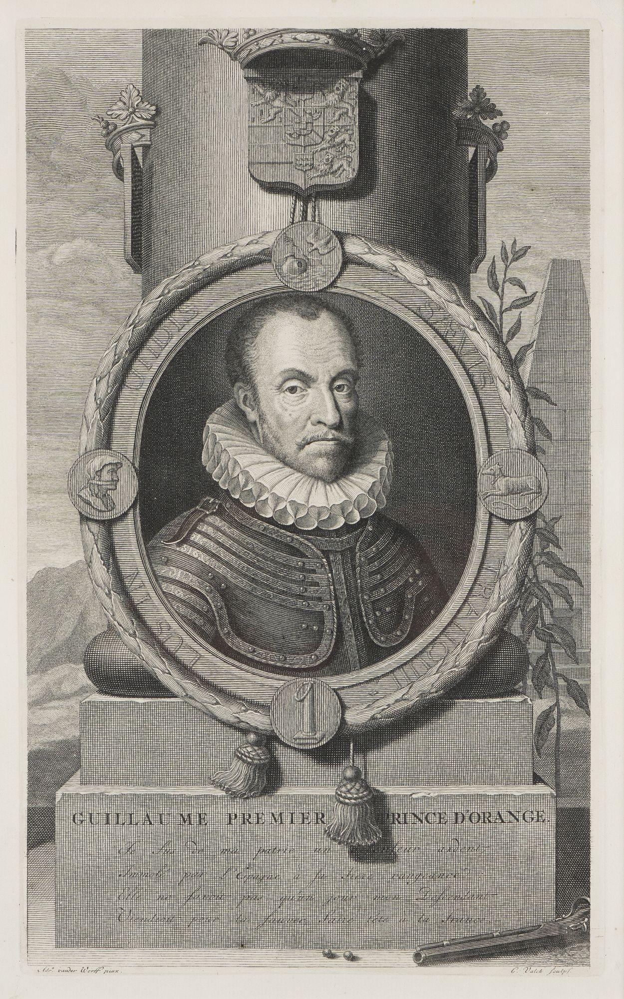 Gravure au trait sur papier vergé de Guillaume Ier, prince d'Orange par Gerard Valck, d'après Adriaen van der Werff.
Guillaume I+I a pris la tête du soulèvement connu sous le nom de guerre de 80 ans, qui visait à obtenir l'indépendance par rapport à
