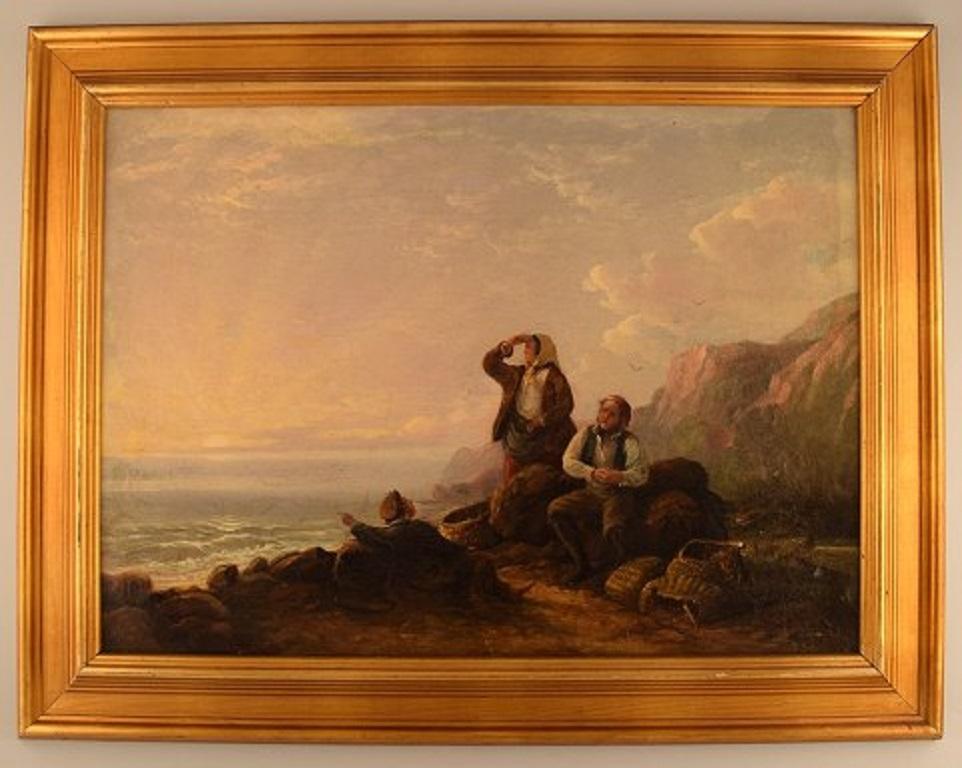 William I Shayer, (b. Southampton 1787, d. Shirley 1879). 
Oil on canvas. 
Rocky coast with seashell gatherers and their baskets. 19th century.
The canvas measures: 64.5 x 47 cm.
The frame measures: 8 cm.
In very good condition.
Signed: Wm.
