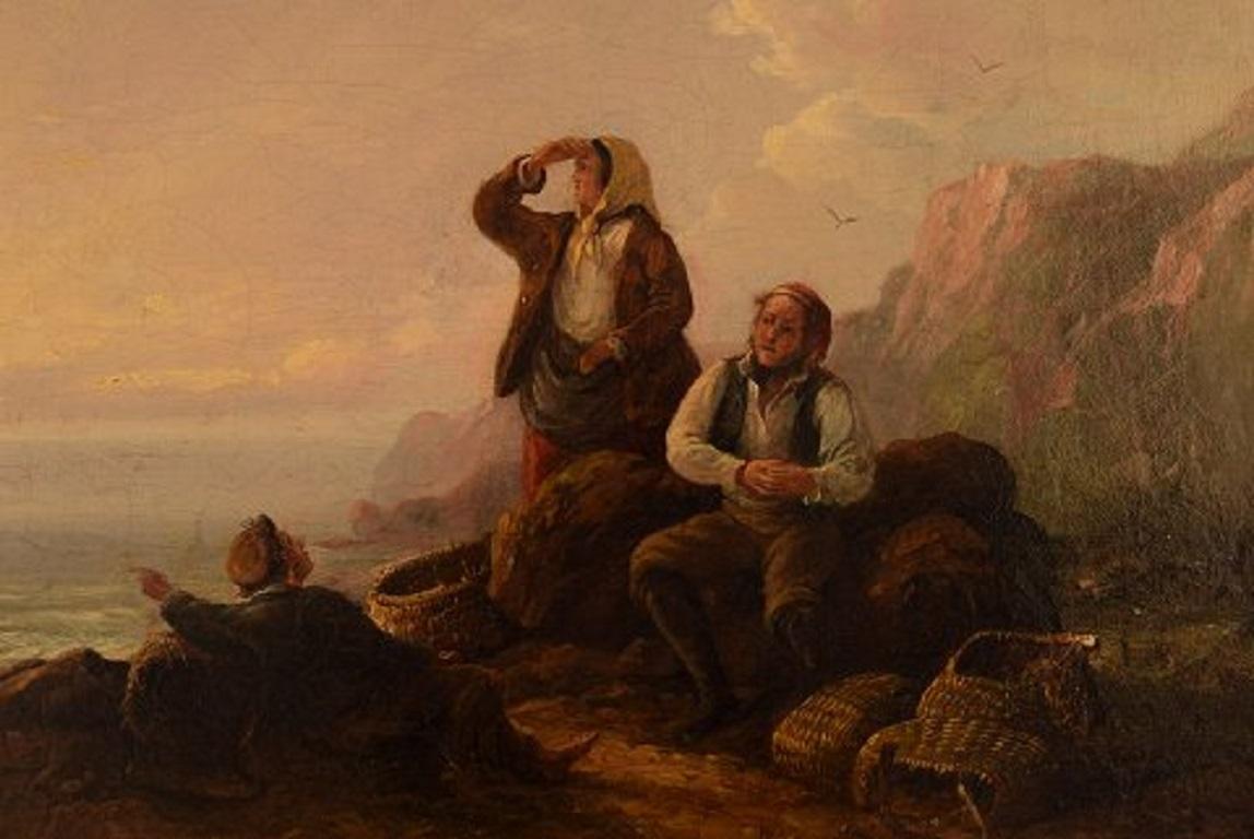 Romantic William I Shayer Oil on Canvas, Rocky Coast with Seashell Gatherers
