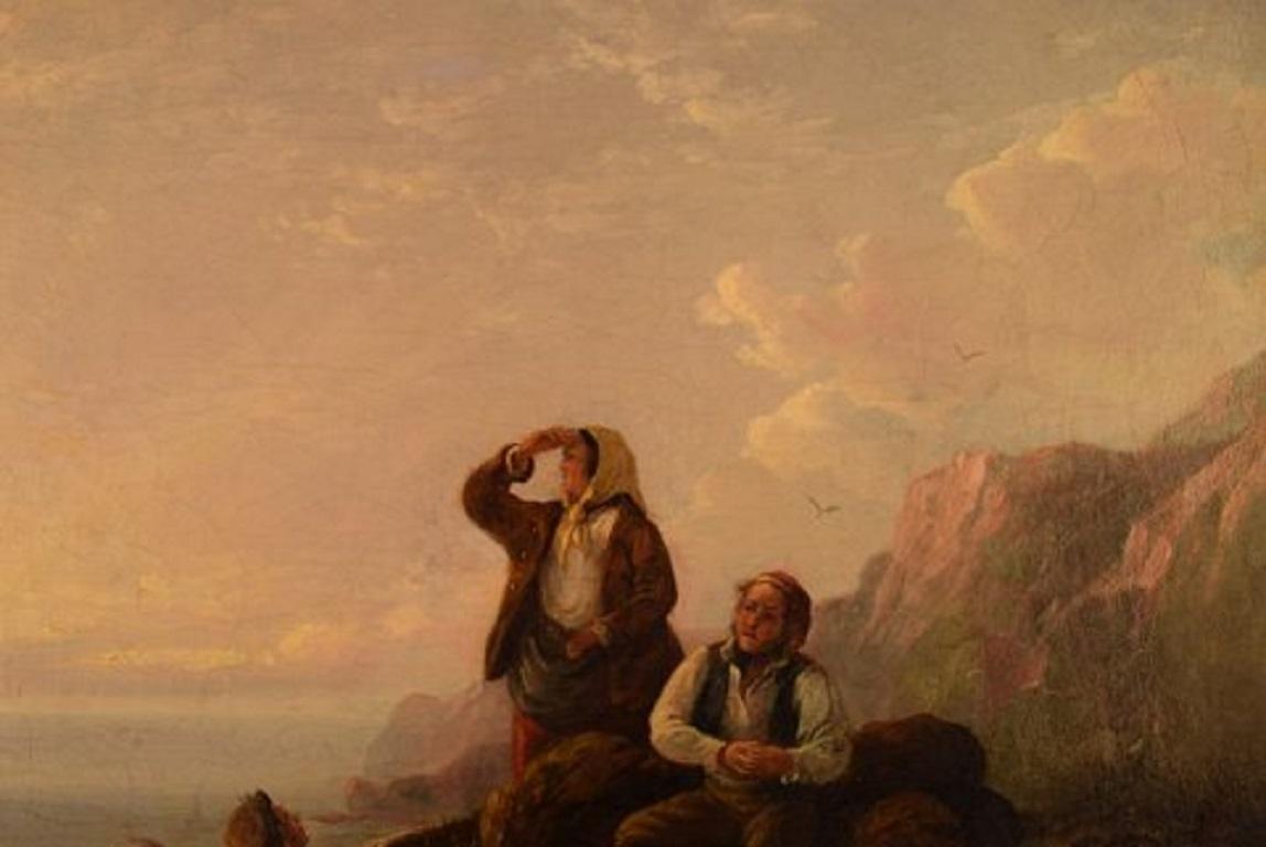 19th Century William I Shayer Oil on Canvas, Rocky Coast with Seashell Gatherers