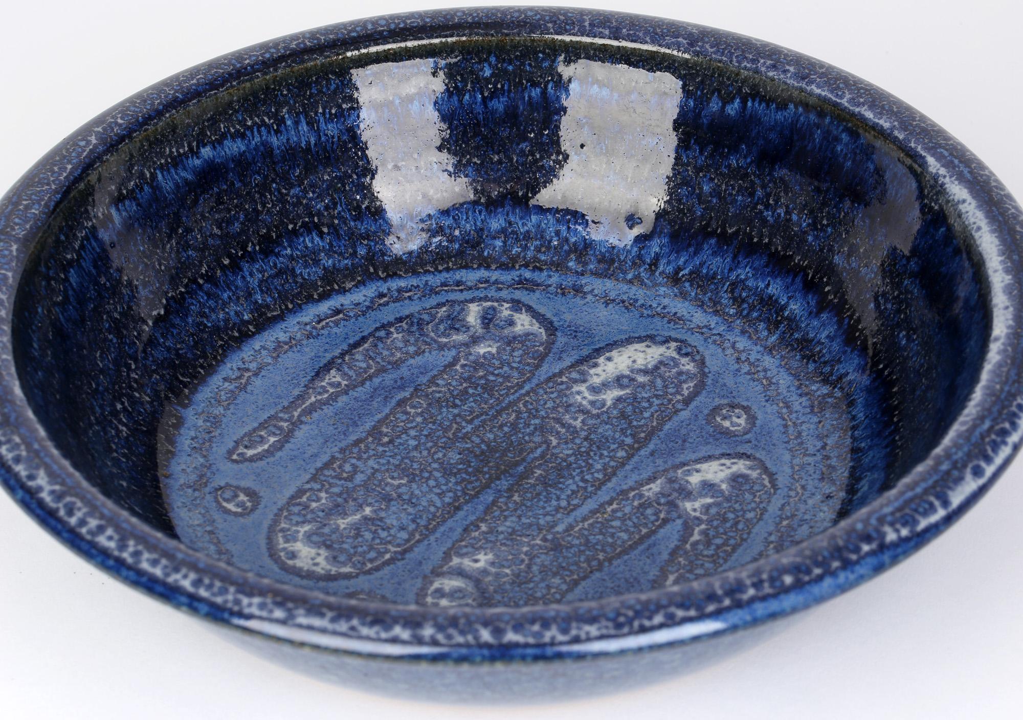 William Illsley 'British, b.1948' Studio Pottery BLue Glazed Bowl with Snake For Sale 3