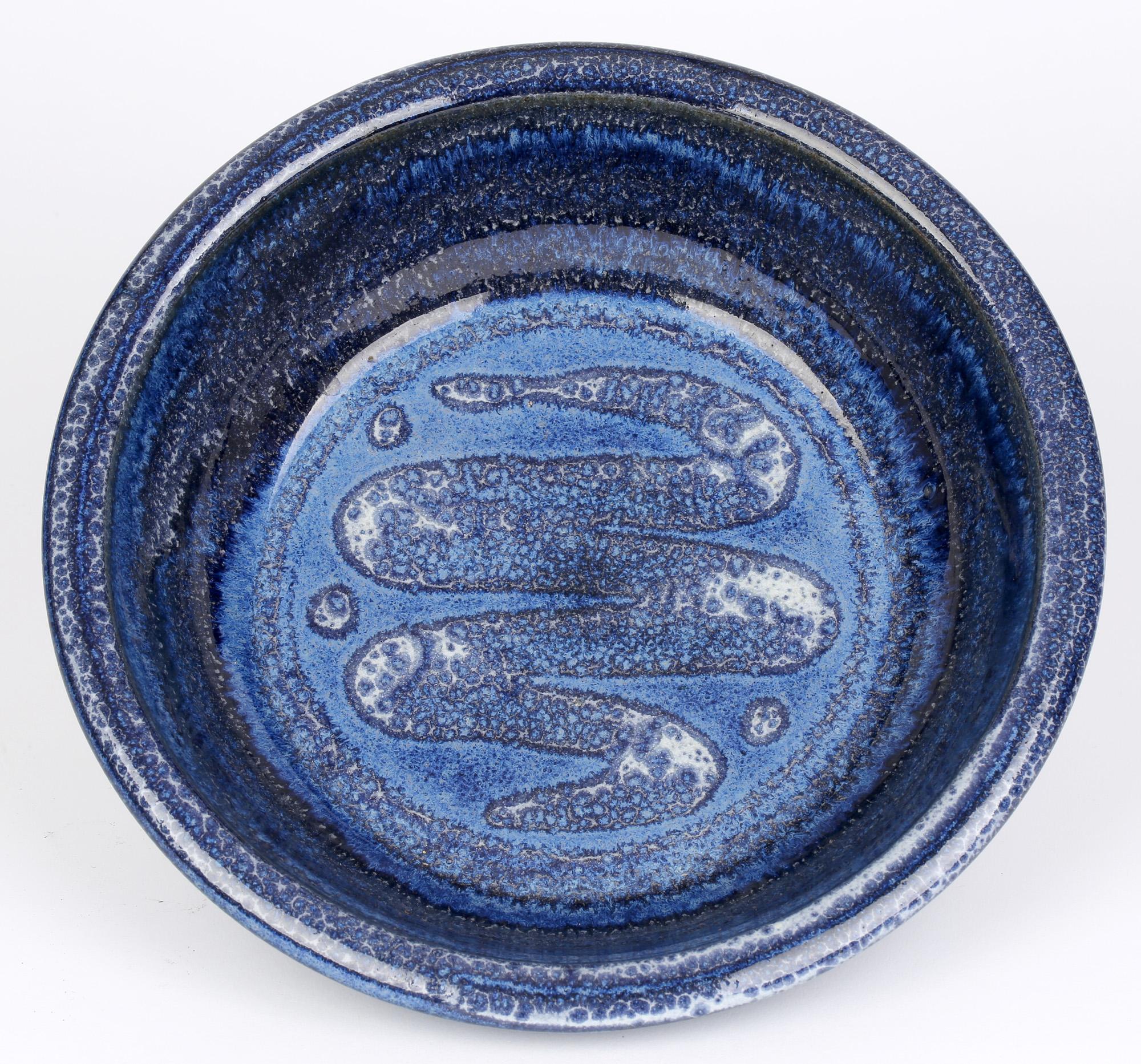 Hand-Painted William Illsley 'British, b.1948' Studio Pottery BLue Glazed Bowl with Snake For Sale