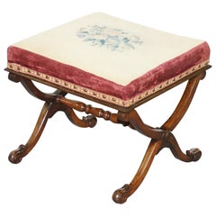 Antique William IV 1830 Rosewood Stool Embroidered with Floral Upholstery Nicely Carved