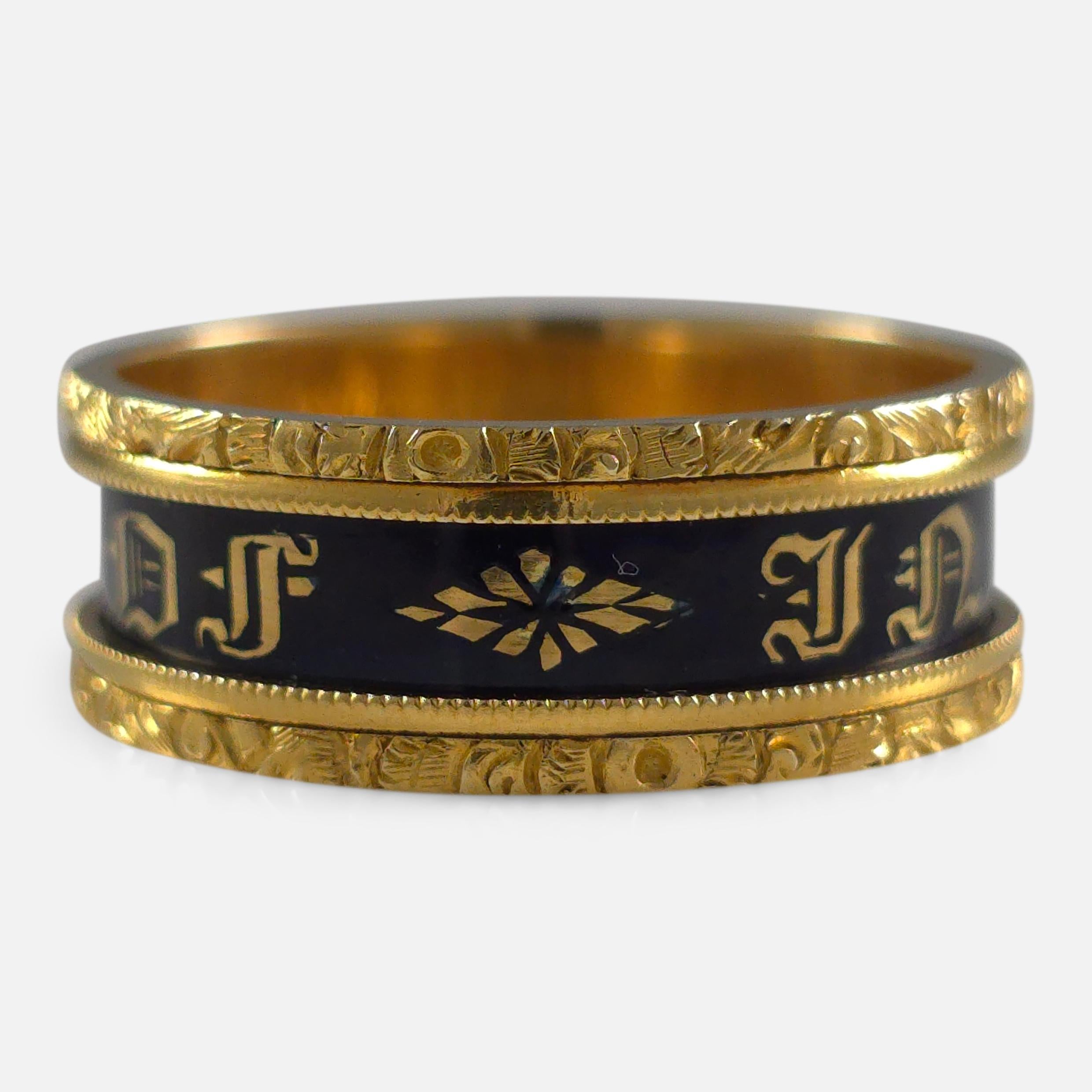 William IV 18ct yellow gold and black enamel memorial mourning ring, inscribed with 'IN MEMORY OF' within a gold foliate border and 'Wilson Agnew, died Feby 7th 1865, aged 83 ys' inside. Hallmarked London, 1833, '18' for 18 carat gold.

• Period: