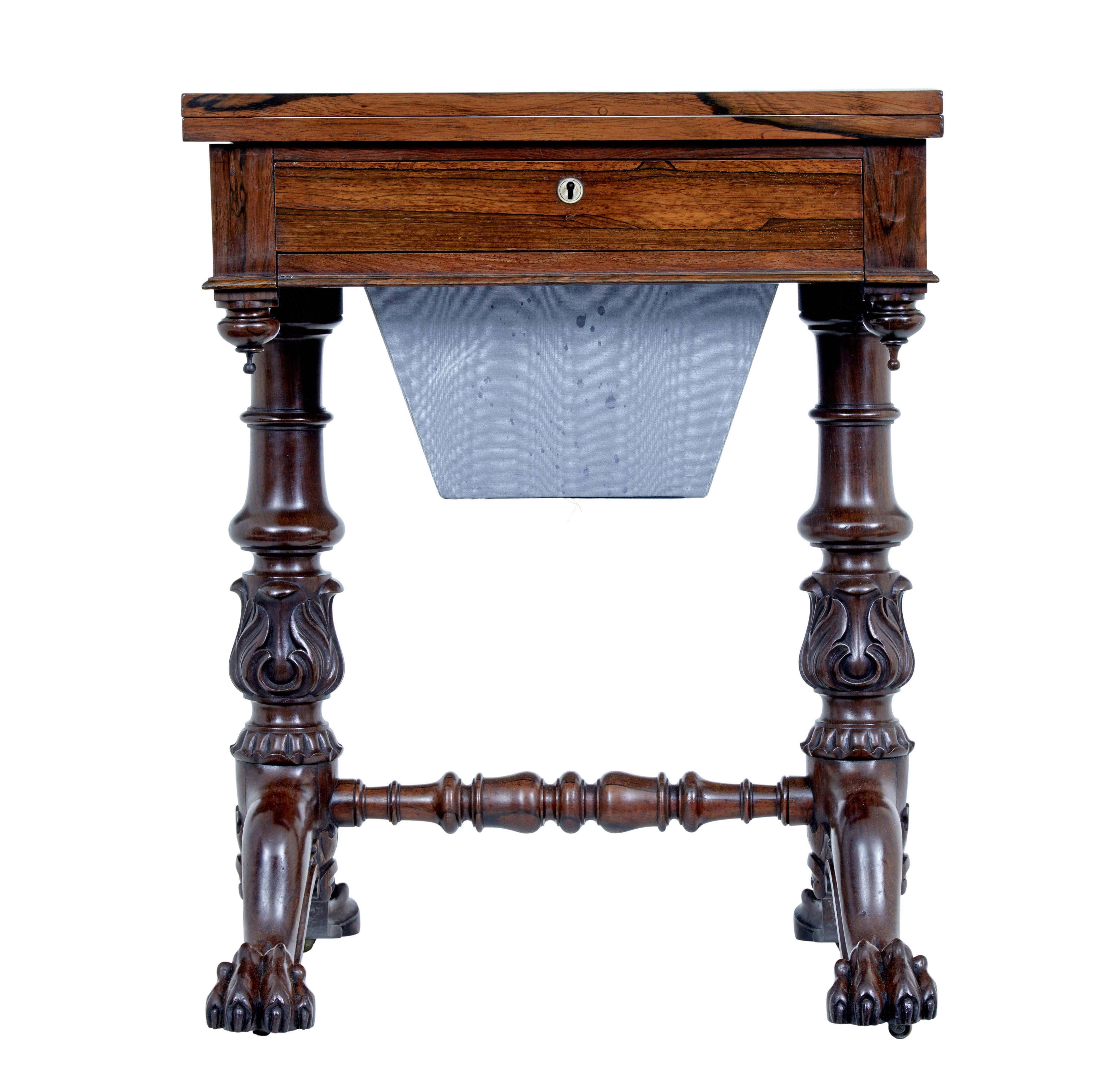 William iv 19th century palisander work table, circa 1830.

Made from stunning palisander with a rectangular top that rotates and flips open to form a bigger surface. Single silk lined drawer below the top surface which is now missing its
