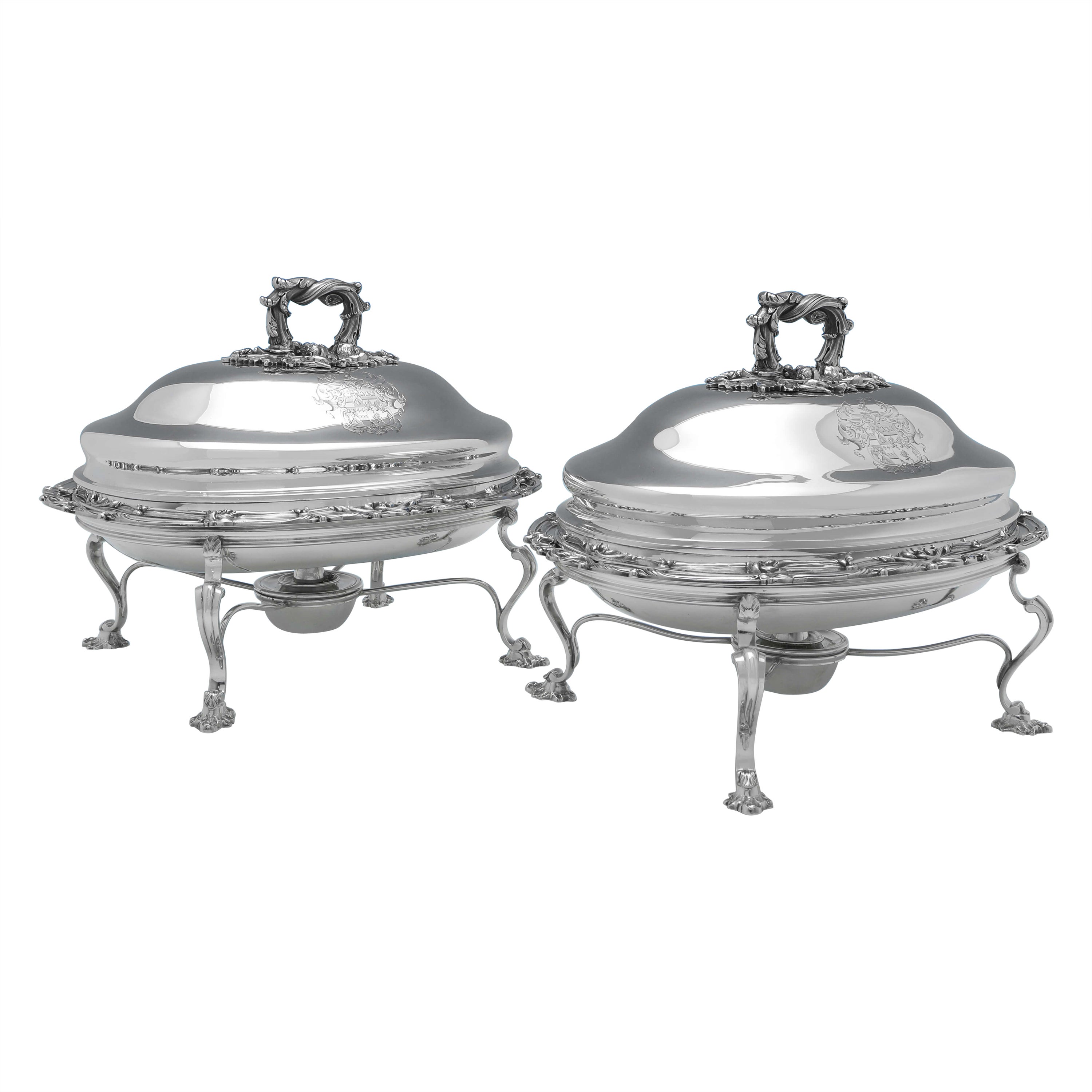 William IV Antica coppia di piatti da portata in argento sterling su supporto in argento placcato