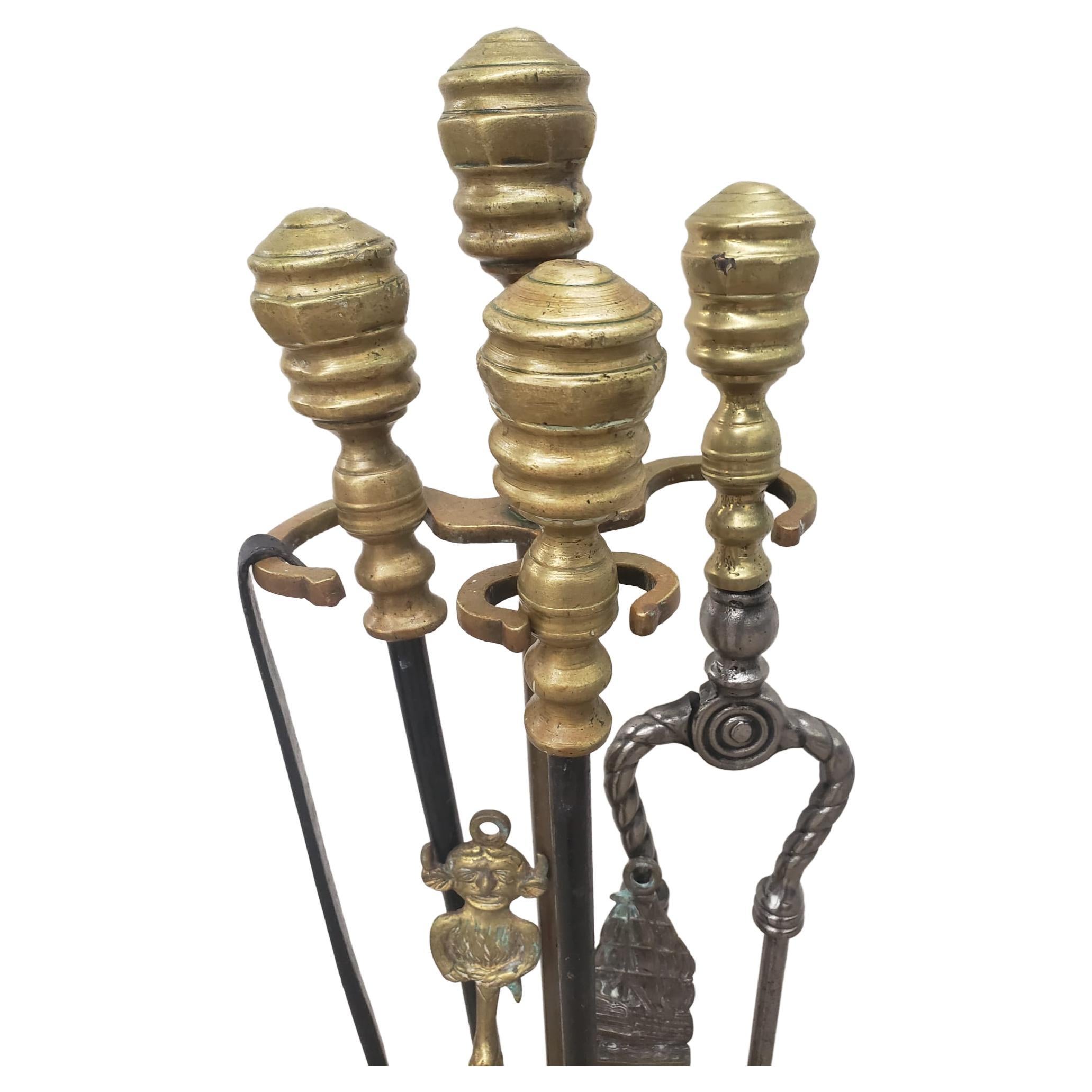 A set William IV brass and steel Fireplace tools on marble stand, Set of 7, Circa. 1830s
Set consist of a Tong, a poker, a shovel, two brass toasting forks, a cast iron fork and a marble base stand.