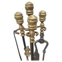 1830s 7 Pcs William IV Brass and Steel Fireplace Tools on Marble Stand Set