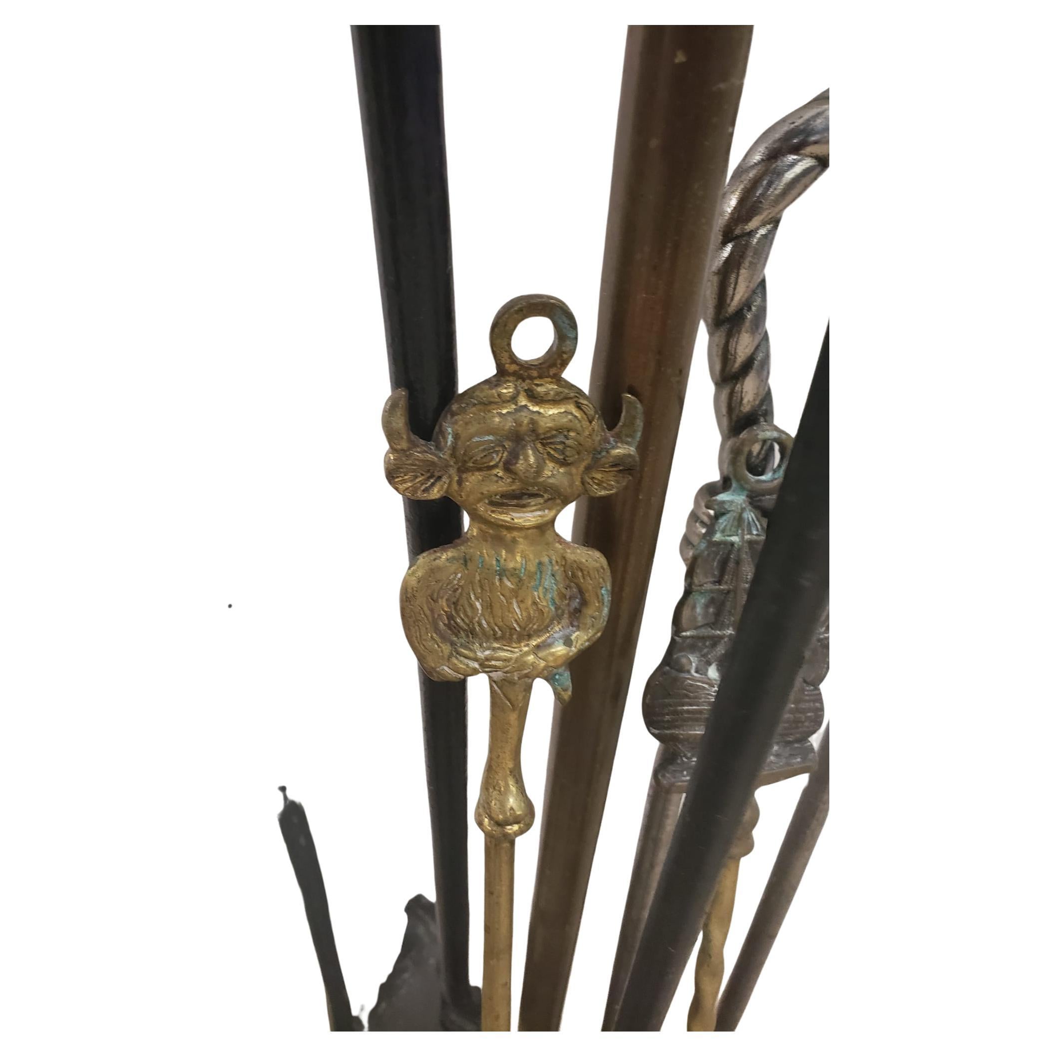 Metalwork 1830s 7 Pcs William IV Brass and Steel Fireplace Tools on Marble Stand Set For Sale
