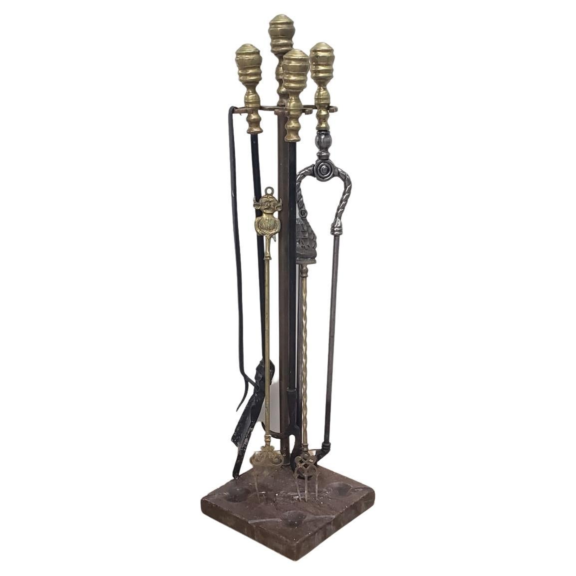 1830s 7 Pcs William IV Brass and Steel Fireplace Tools on Marble Stand Set In Good Condition For Sale In Germantown, MD