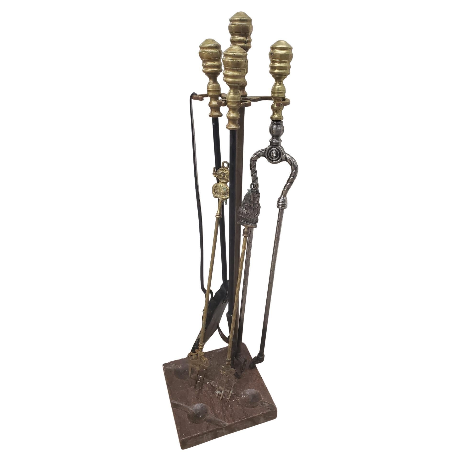 19th Century 1830s 7 Pcs William IV Brass and Steel Fireplace Tools on Marble Stand Set For Sale