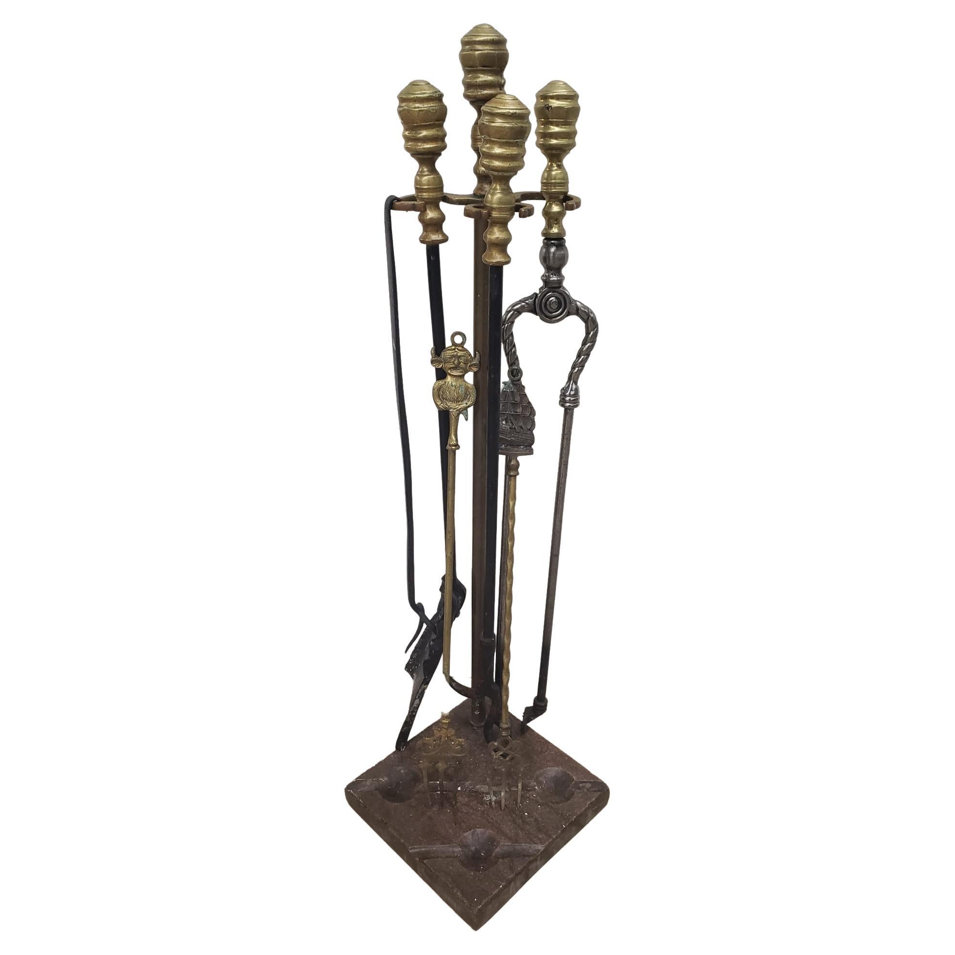 1830s 7 Pcs William IV Brass and Steel Fireplace Tools on Marble Stand Set For Sale 3