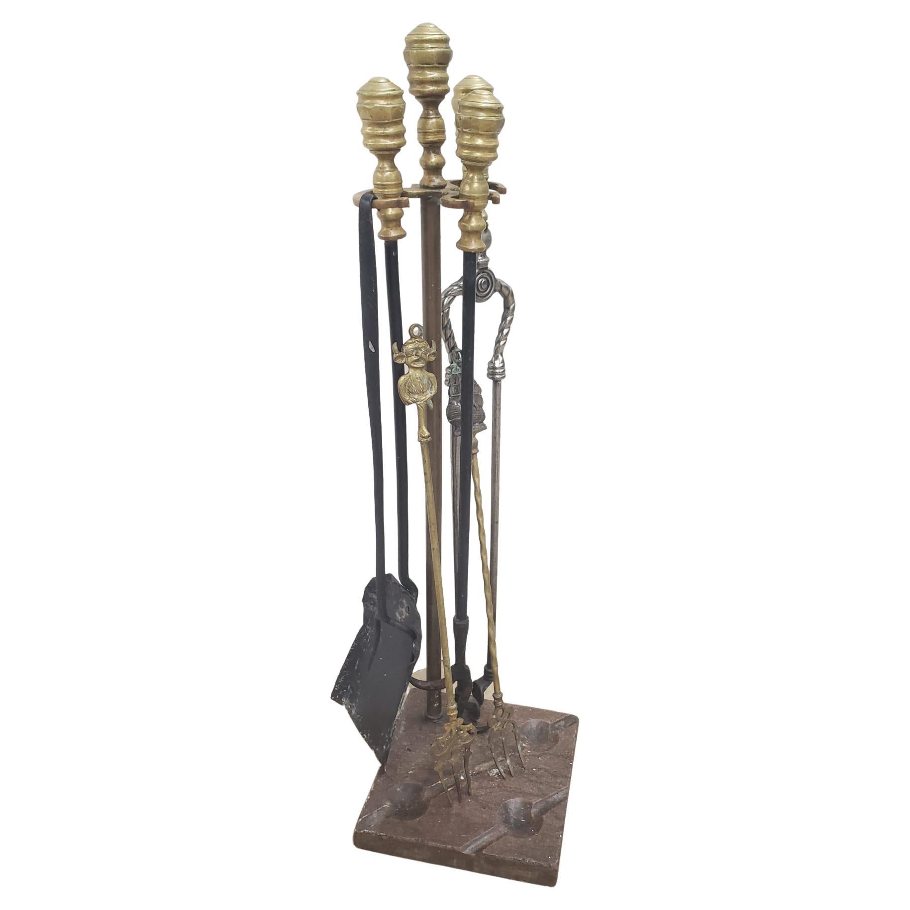 1830s 7 Pcs William IV Brass and Steel Fireplace Tools on Marble Stand Set For Sale