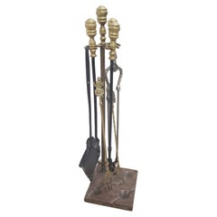 1830s 7 Pcs William IV Brass and Steel Fireplace Tools on Marble Stand Set
