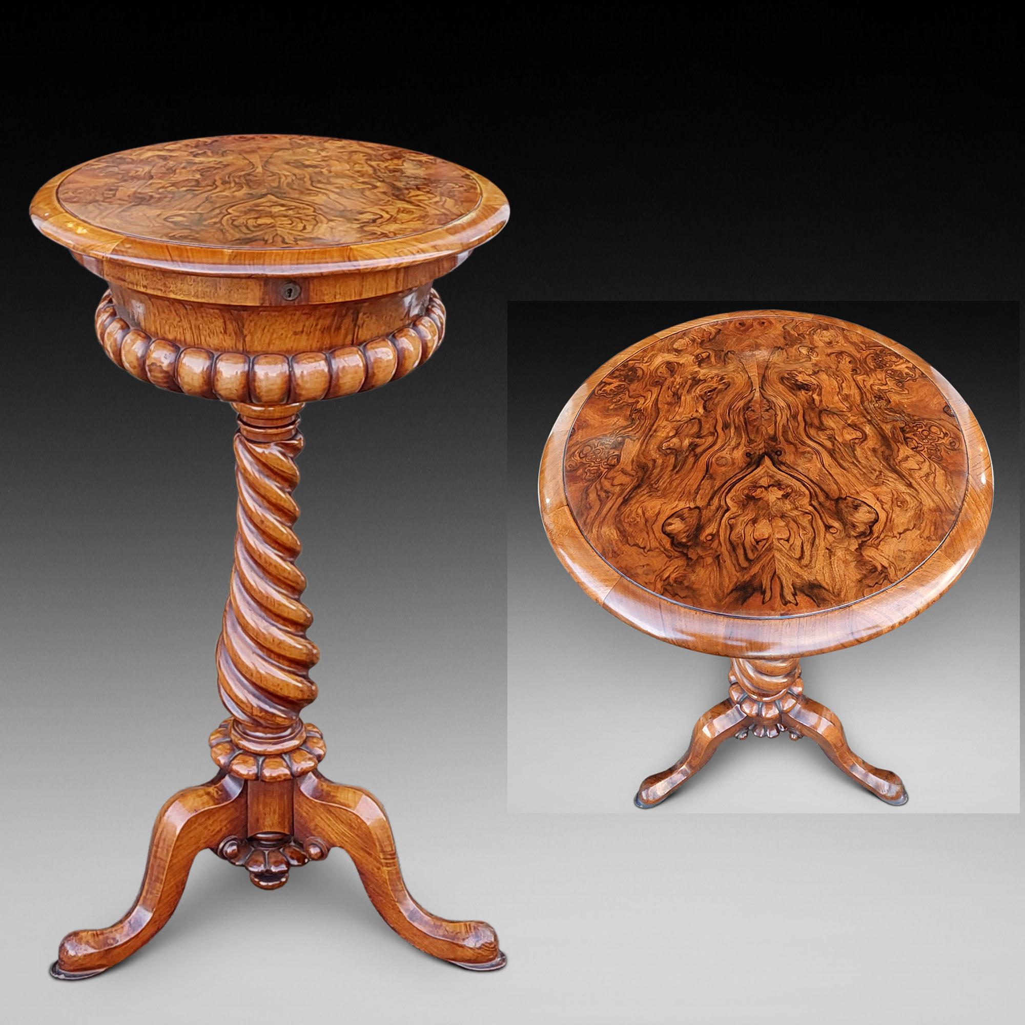 William IV burr walnut teapoy c1830-40, circular hinged top opening to two cylinder caddies and mixing bowls raised on a wrythen moulded column and three cabriole legs - 16