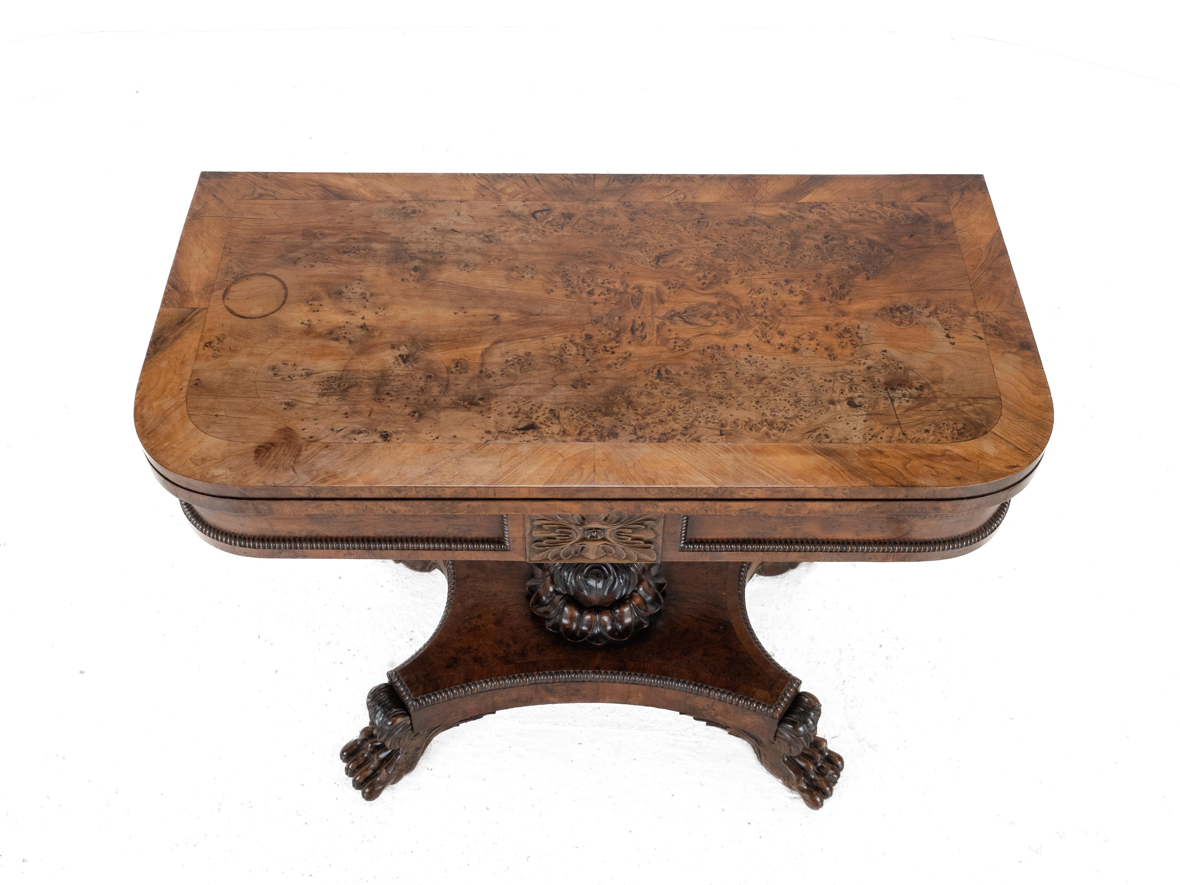 William IV Burr Yew Wood Card Table with Carved Lion Paw Base, c.1830 (Scottish) For Sale 6