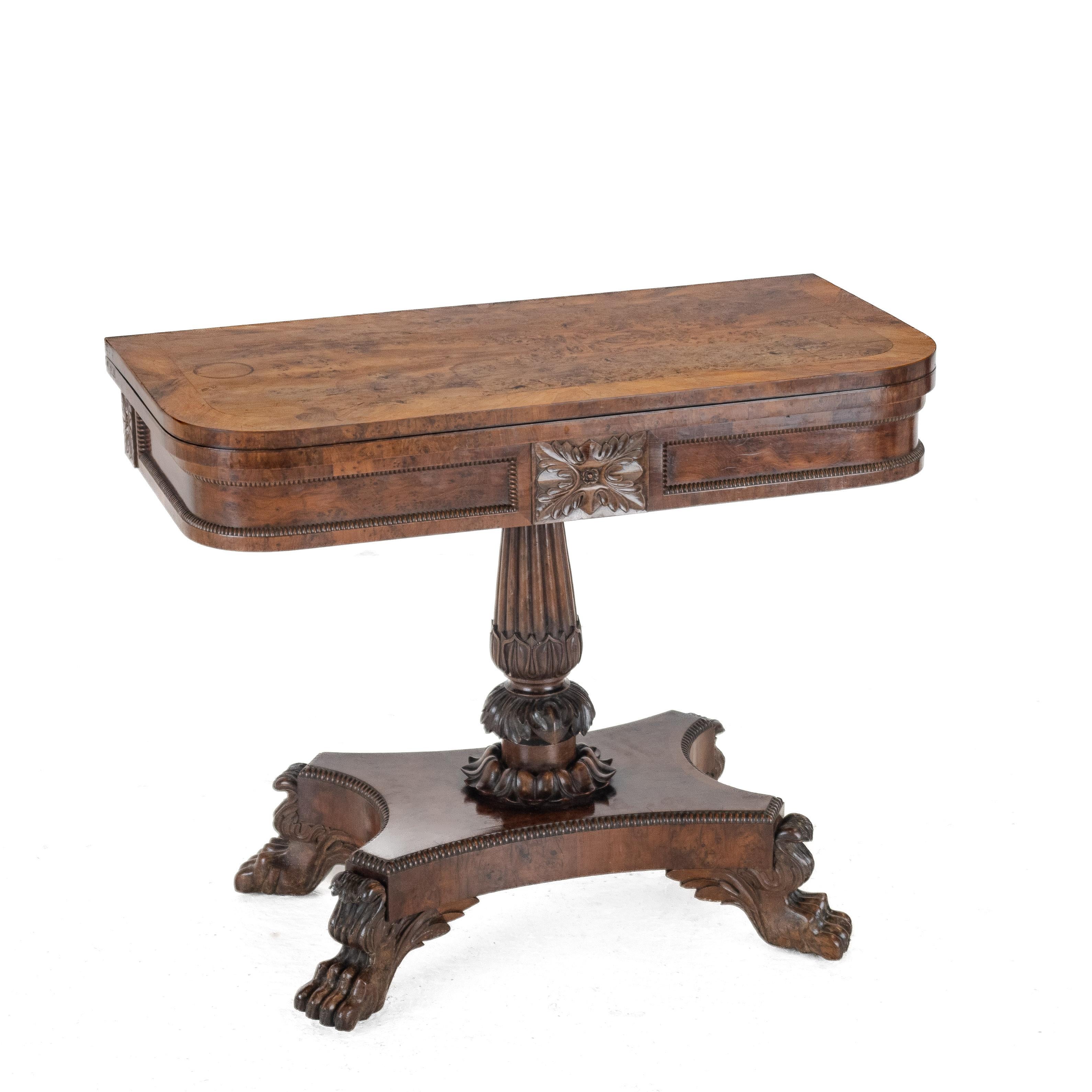 Early 19th Century William IV Burr Yew Wood Card Table with Carved Lion Paw Base, c.1830 (Scottish) For Sale