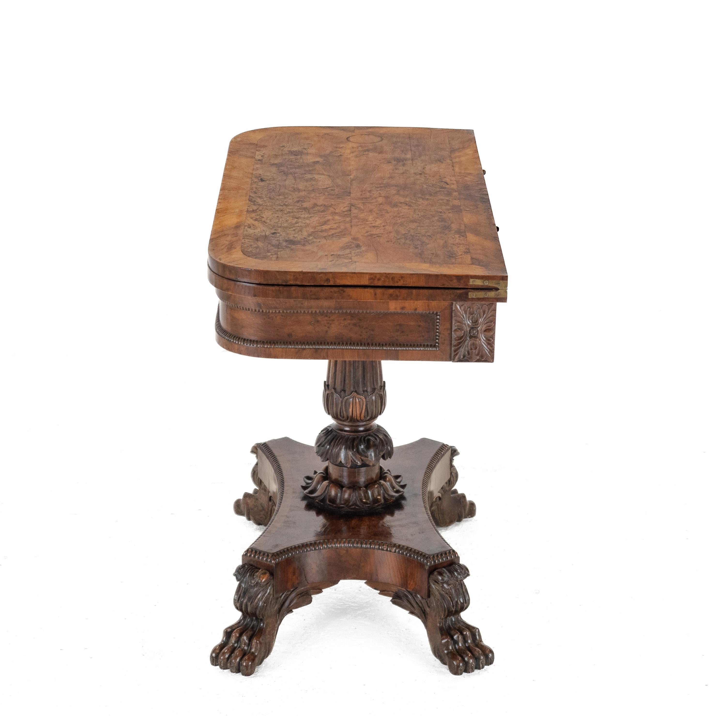 William IV Burr Yew Wood Card Table with Carved Lion Paw Base, c.1830 (Scottish) For Sale 2
