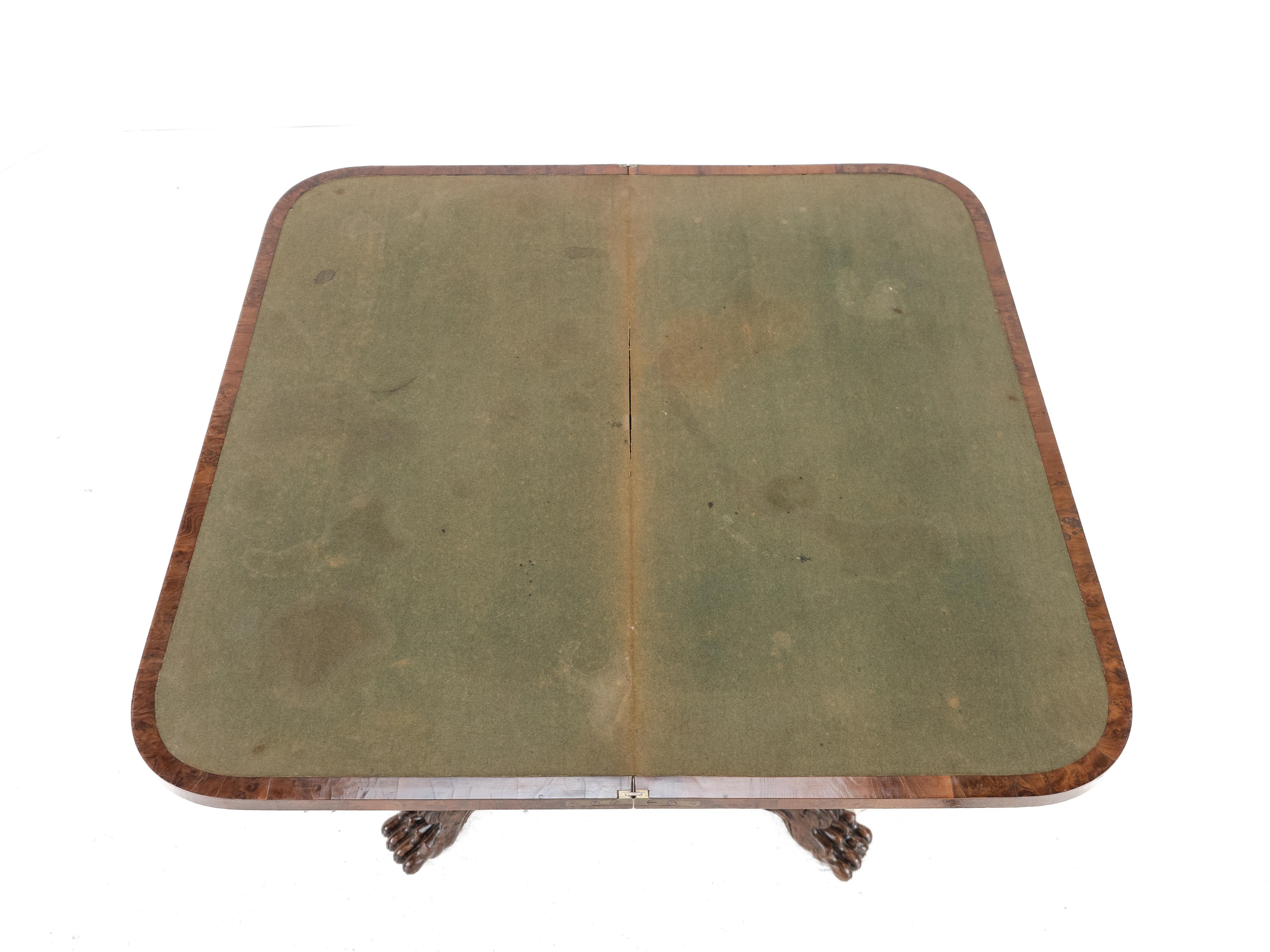 William IV Burr Yew Wood Card Table with Carved Lion Paw Base, c.1830 (Scottish) For Sale 5