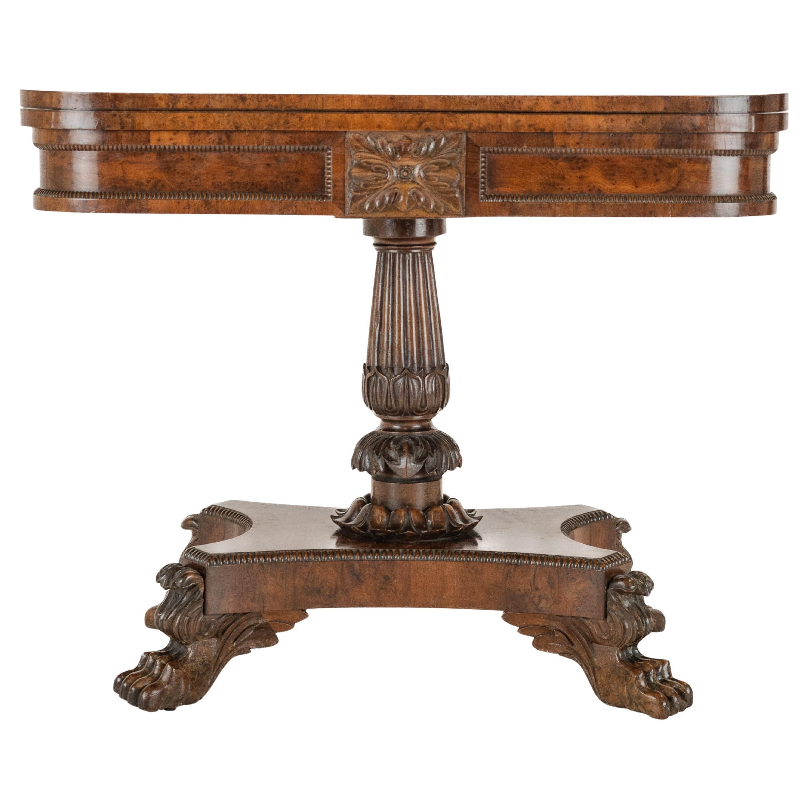William IV Burr Yew Wood Card Table with Carved Lion Paw Base, c.1830 (Scottish) For Sale