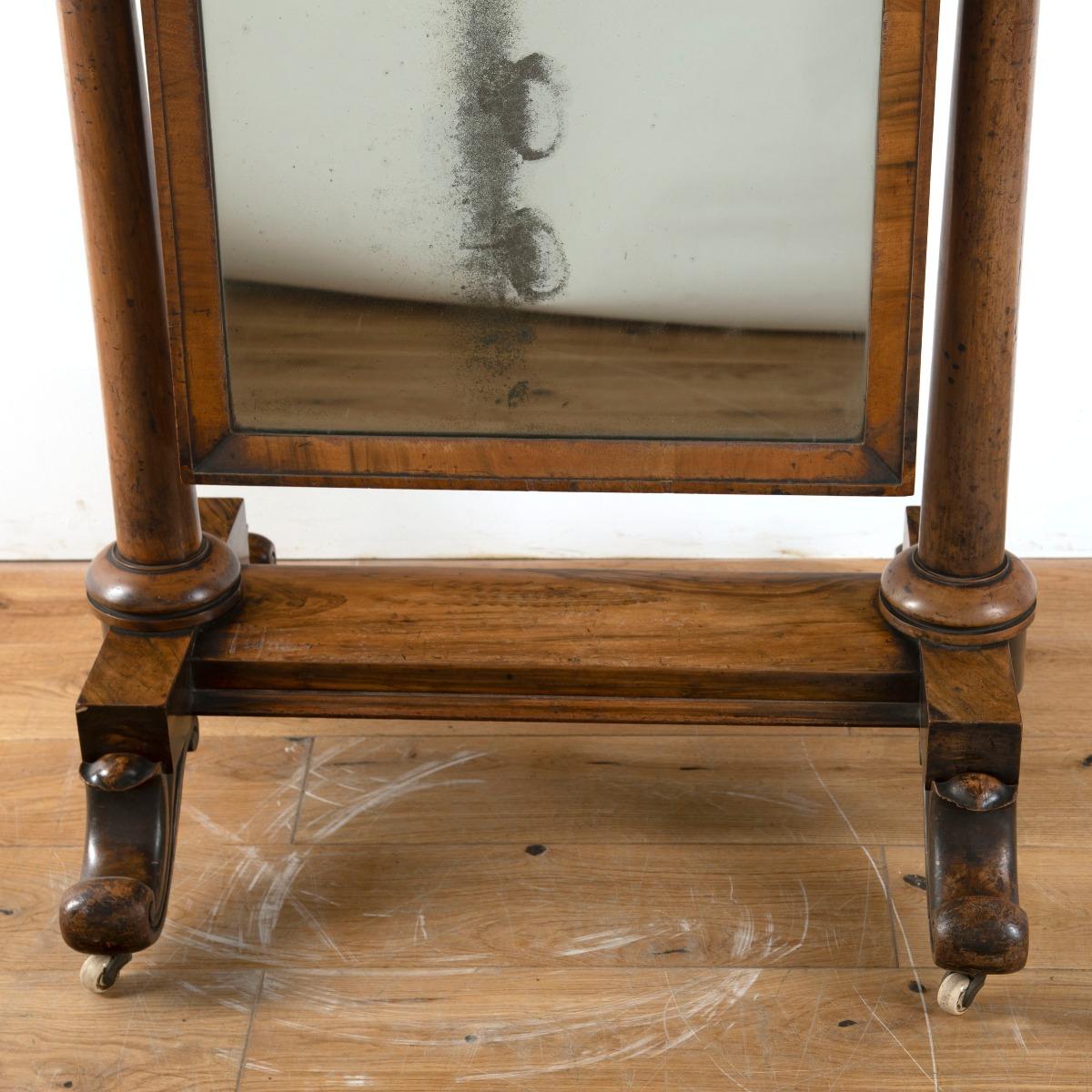 William IV mahogany cheval mirror with stunning foxed mirror plate.