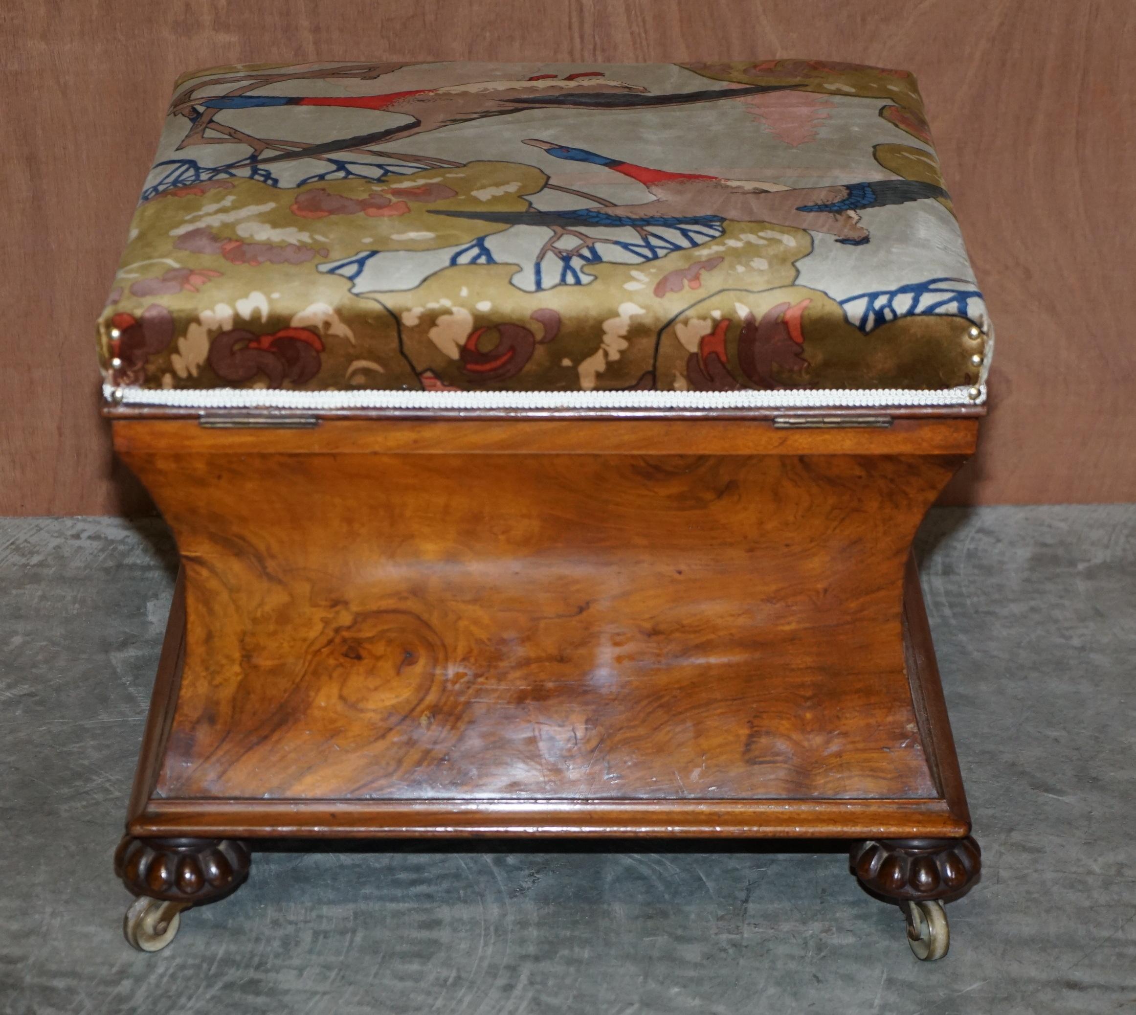 William IV Circa 1830 Burr Walnut Ottoman Footstool Mulberry Flying Ducks Velvet 3