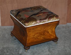 William IV Circa 1830 Burr Walnut Ottoman Footstool Mulberry Flying Ducks Velvet