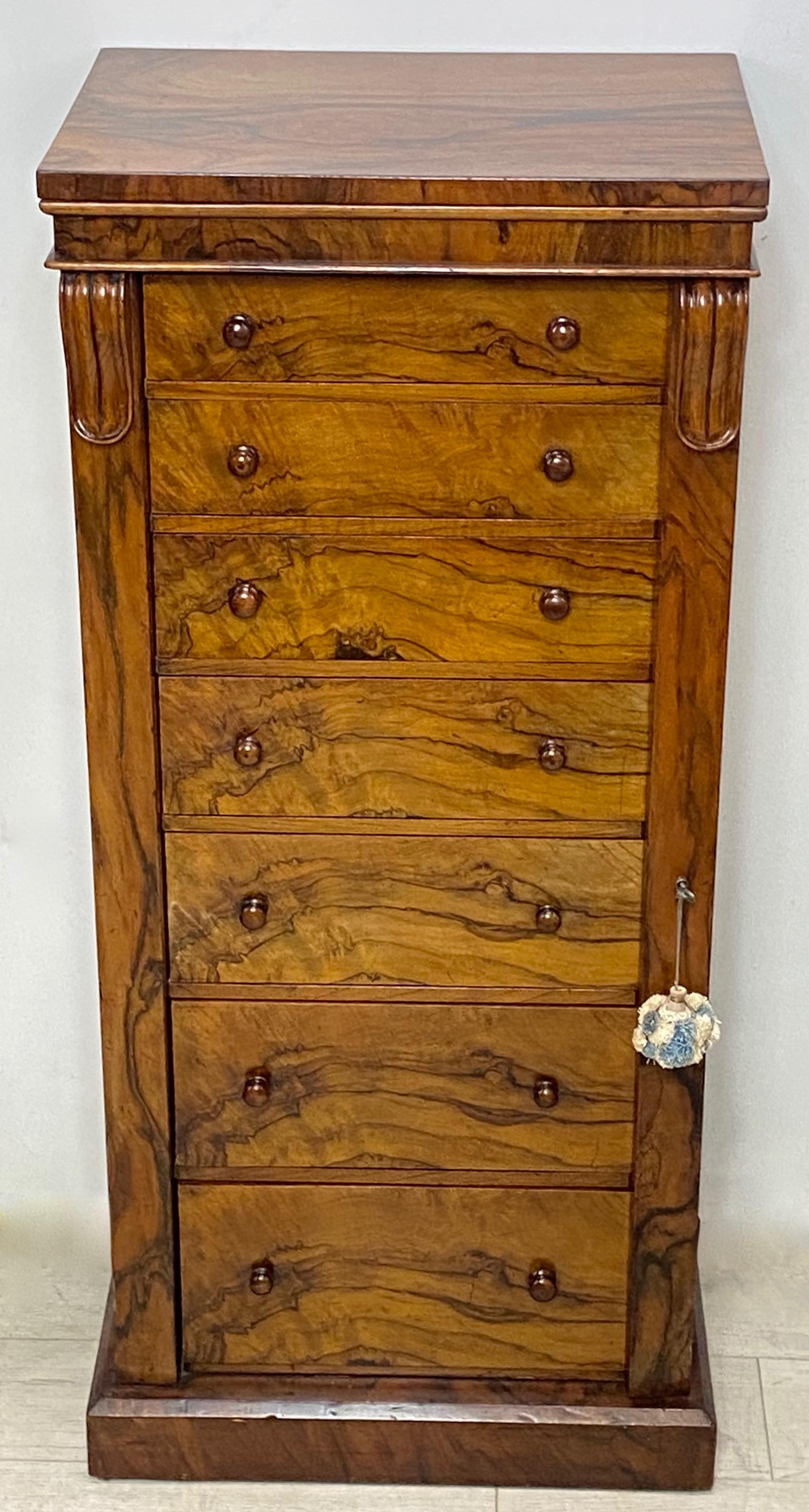 Veneer William IV Circassian Walnut Lingerie Cabinet Semainier, English 19th Century