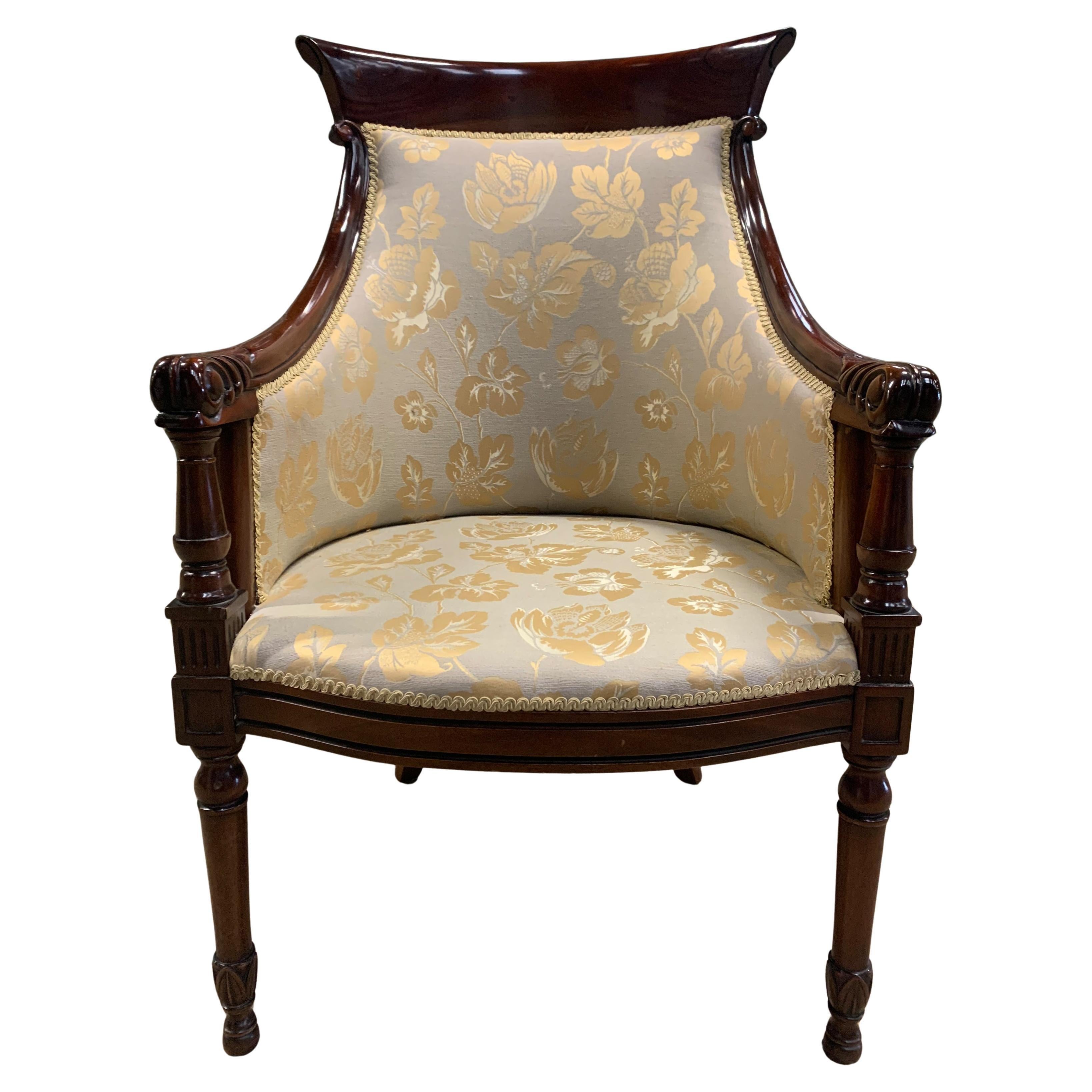 William IV Design Polished Mahogany Armchair With Cream Damask Floral Upholstery In Good Condition For Sale In Reading, Berkshire