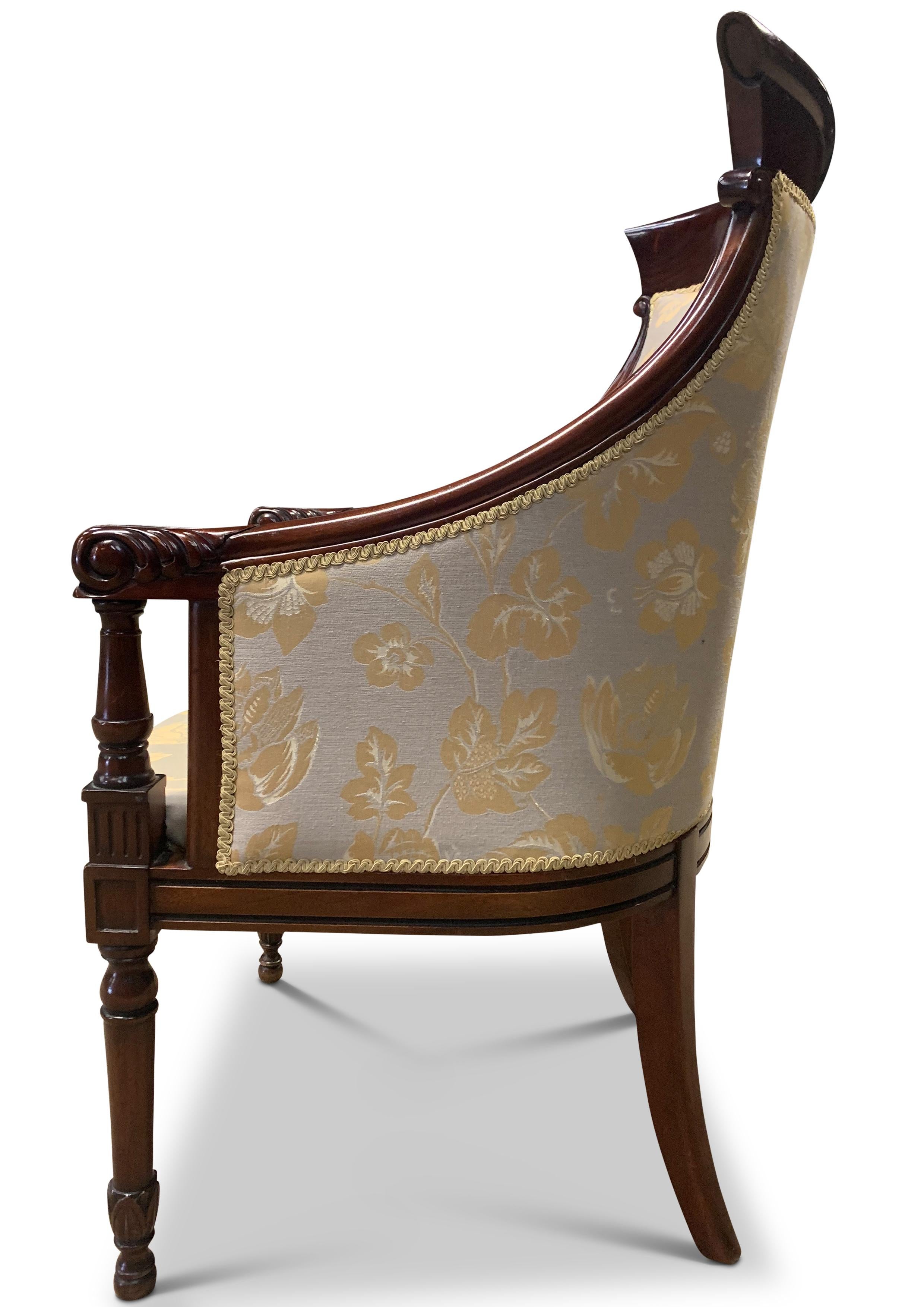 William IV Design Polished Mahogany Armchair With Cream Damask Floral Upholstery For Sale 1