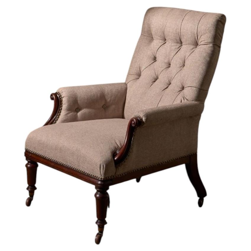 William IV English country house armchair with mahogany show wood frame