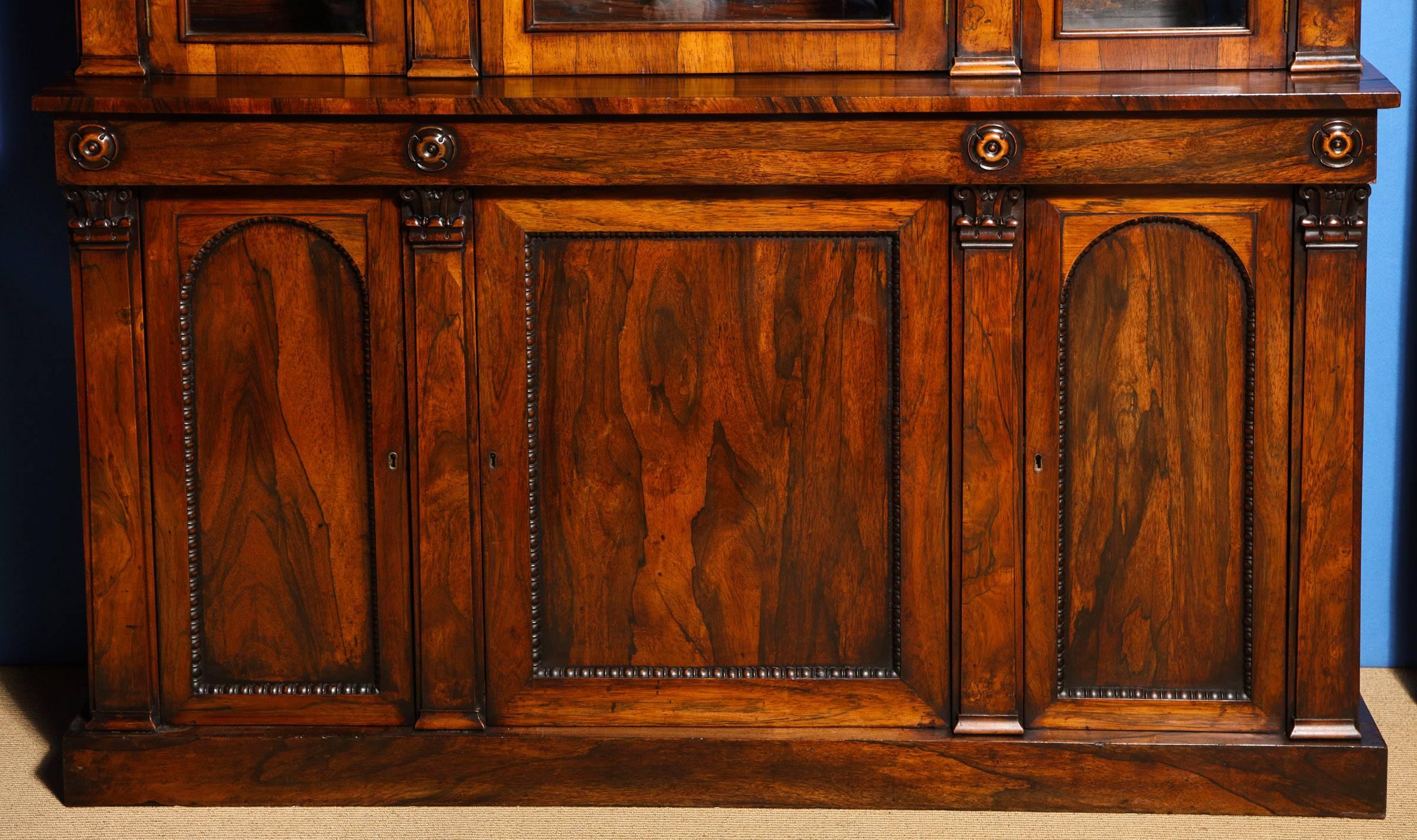William IV Figured Rosewood Book-Matched Bookcase Cabinet, English, circa 1840  For Sale 7
