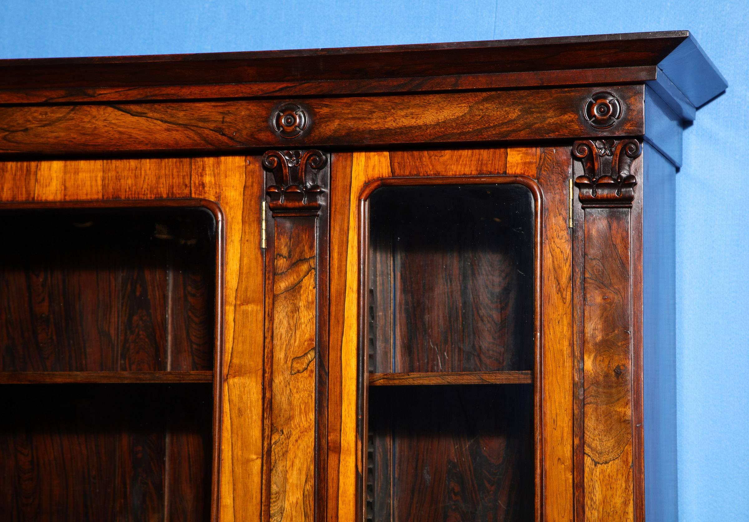 Hand-Carved William IV Figured Rosewood Book-Matched Bookcase Cabinet, English, circa 1840  For Sale