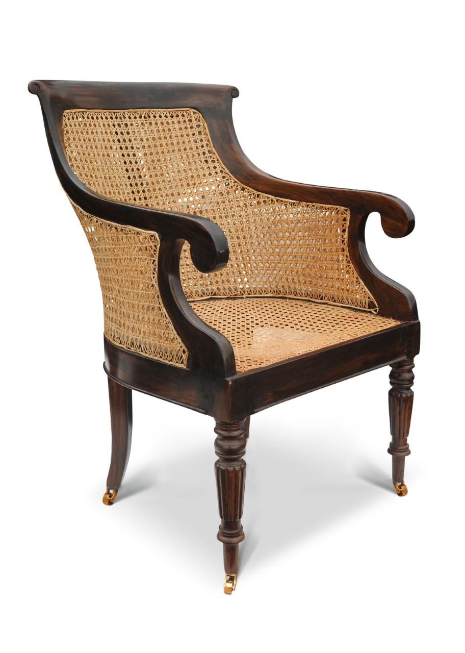 British William IV Hardwood Cane Bergere Library Armchair With Scrolled Arms on Castors For Sale