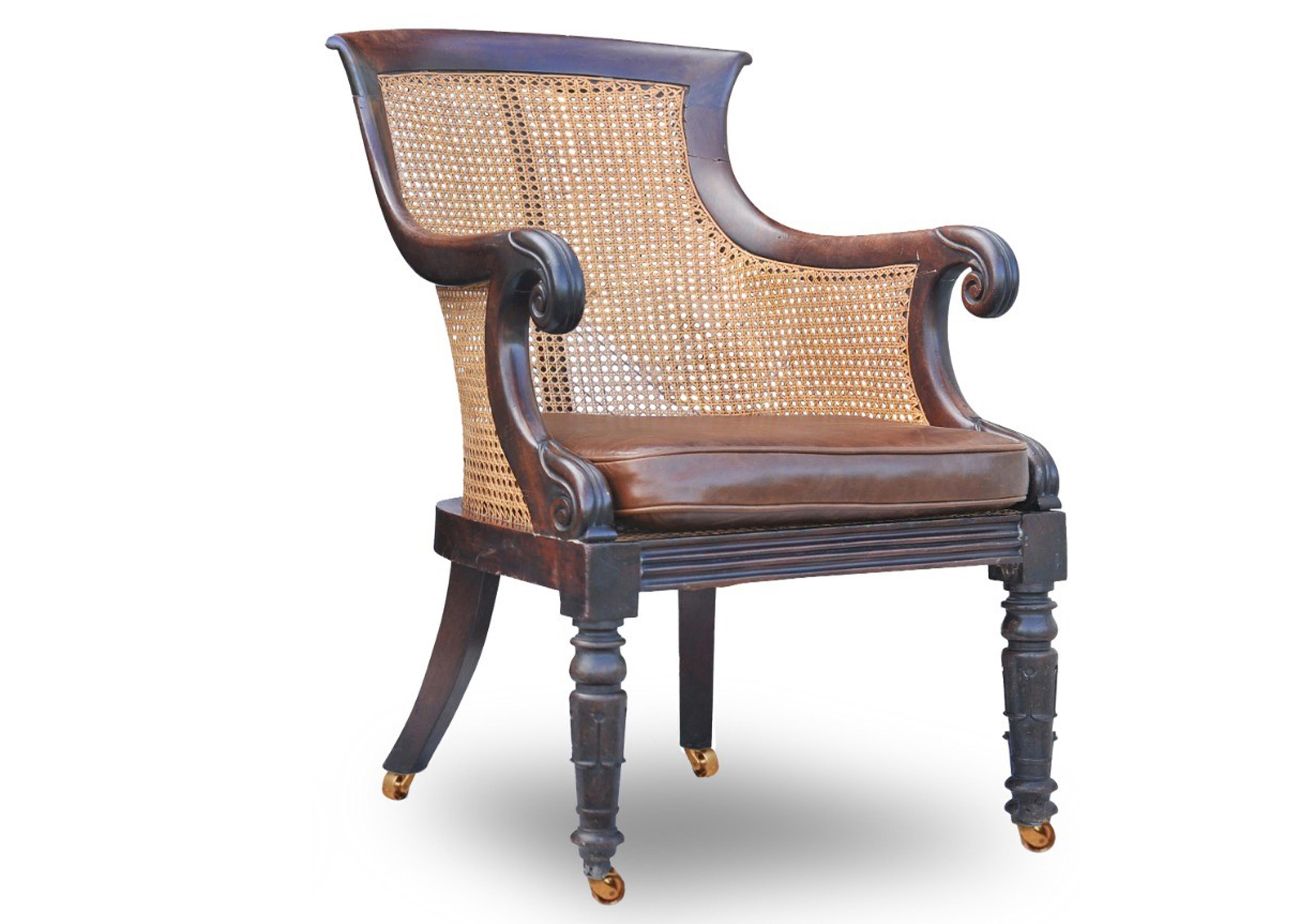 Brass William IV Hardwood Cane Bergere Library Armchair With Scrolled Arms on Castors For Sale