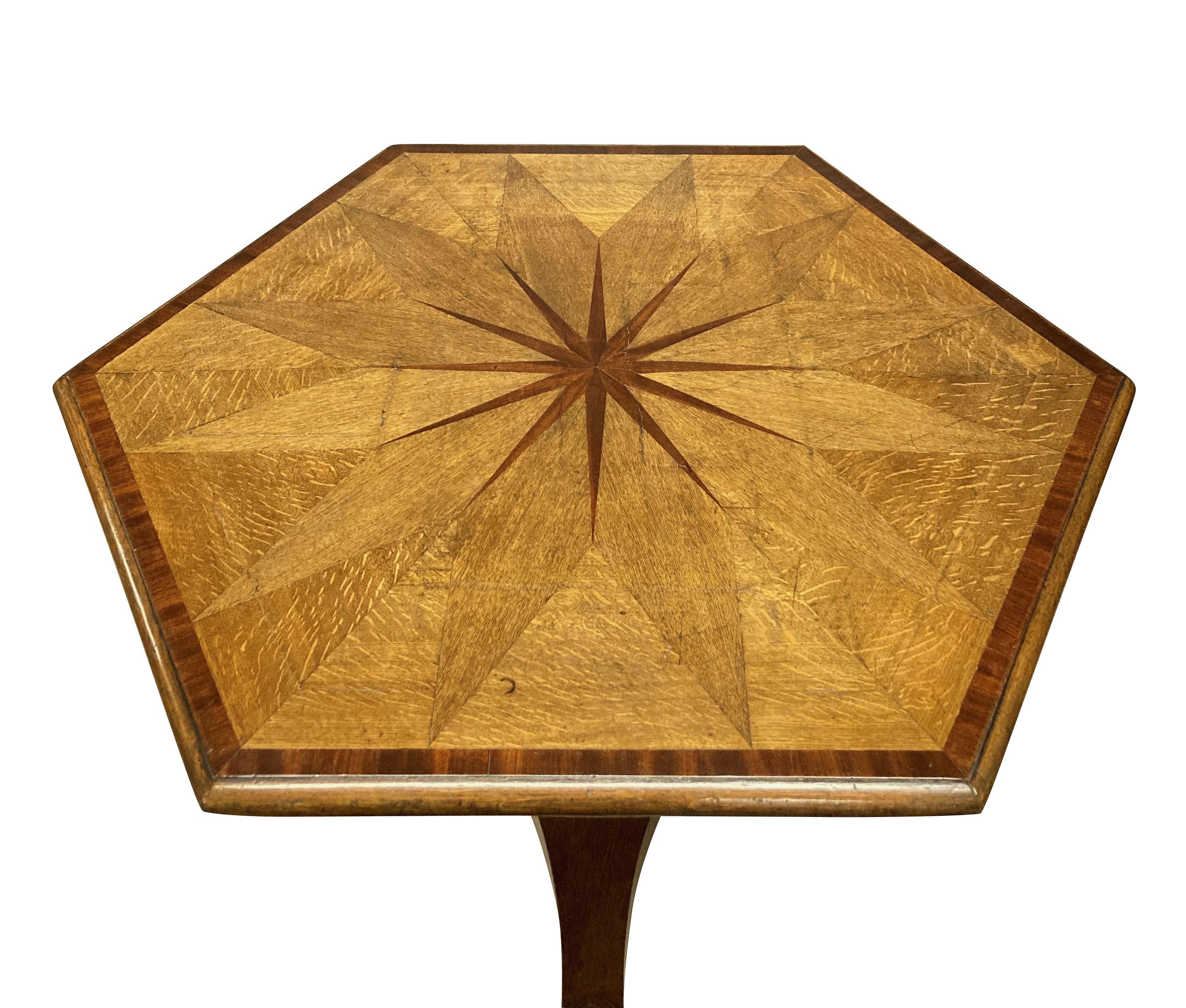 An English William IV hexagonal tilt-top centre or breakfast table. in pale oak, with a geometric design in mahogany. There are some splits to the veneer, as it is in it's original 'Country House' condition. Purchased from Colefax & Fowler of brook