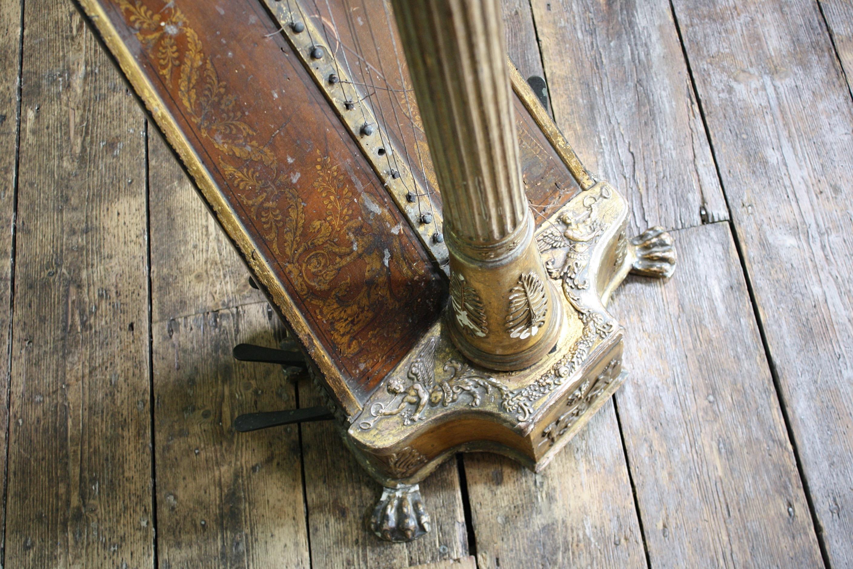 William iv, Jackson Late Egan Irish Satin & Gilt Wood Harp In Distressed Condition In Lowestoft, GB