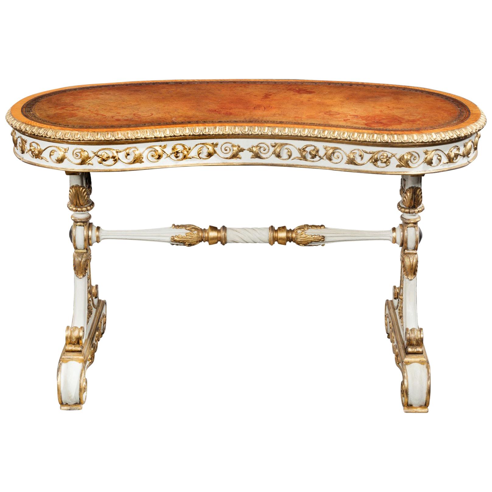 William IV Kidney Shaped Writing Table with Carved Giltwood and White Painted For Sale