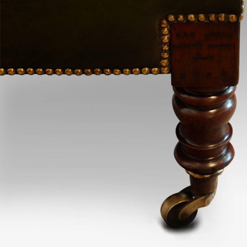William IV leather button back reclining patent library chair.
This William IV leather reclining patent library chair, was made in the workshops of R.P.Chaplin, of Frith Street, London.
I have tried to research the cabinetmaker, but I have not had