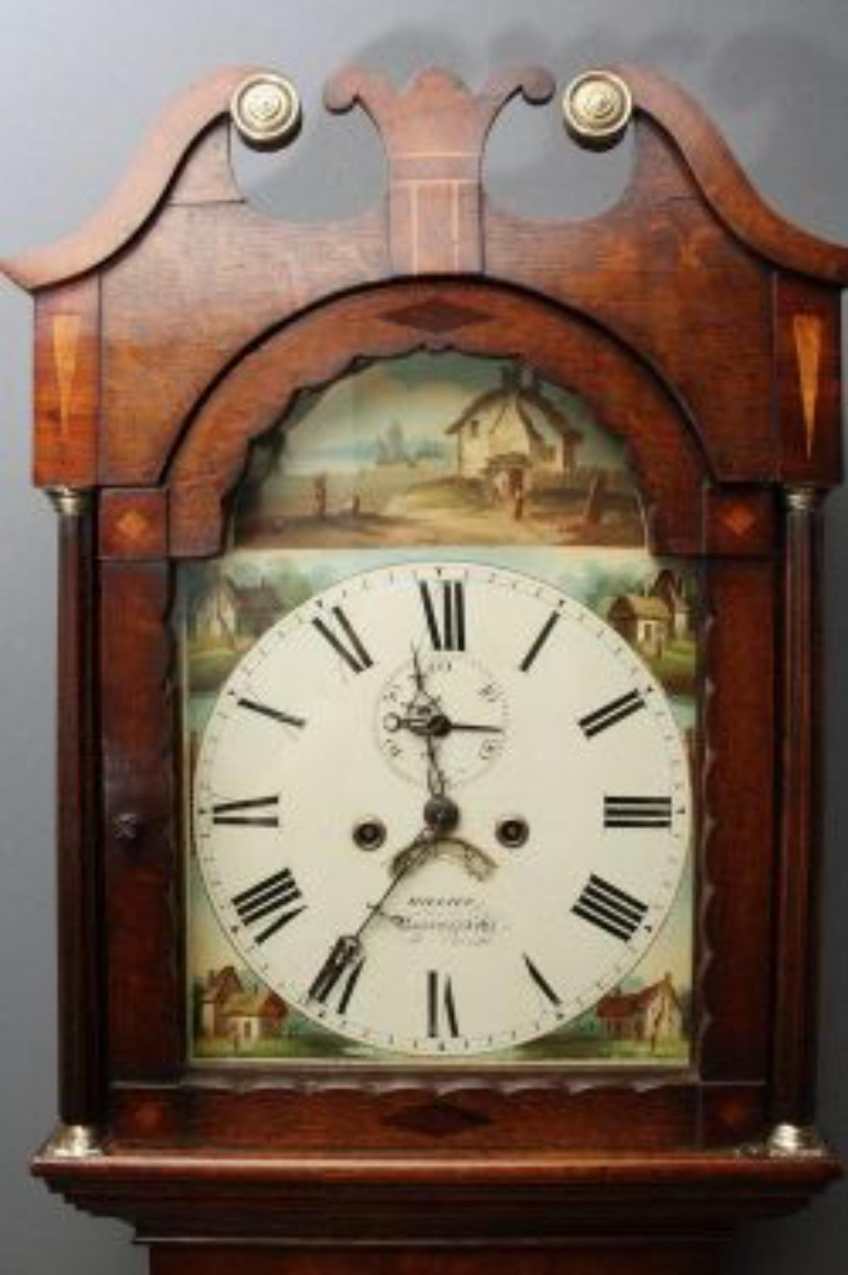 SN2015 fine quality, William IV/ Early Victorian, oak longcase clock of small proportions with extensive inlaid decoration, having swan neck pediment to top with reeded columns and brass capitals, shaped crossbanded and inlaid doors flanked by