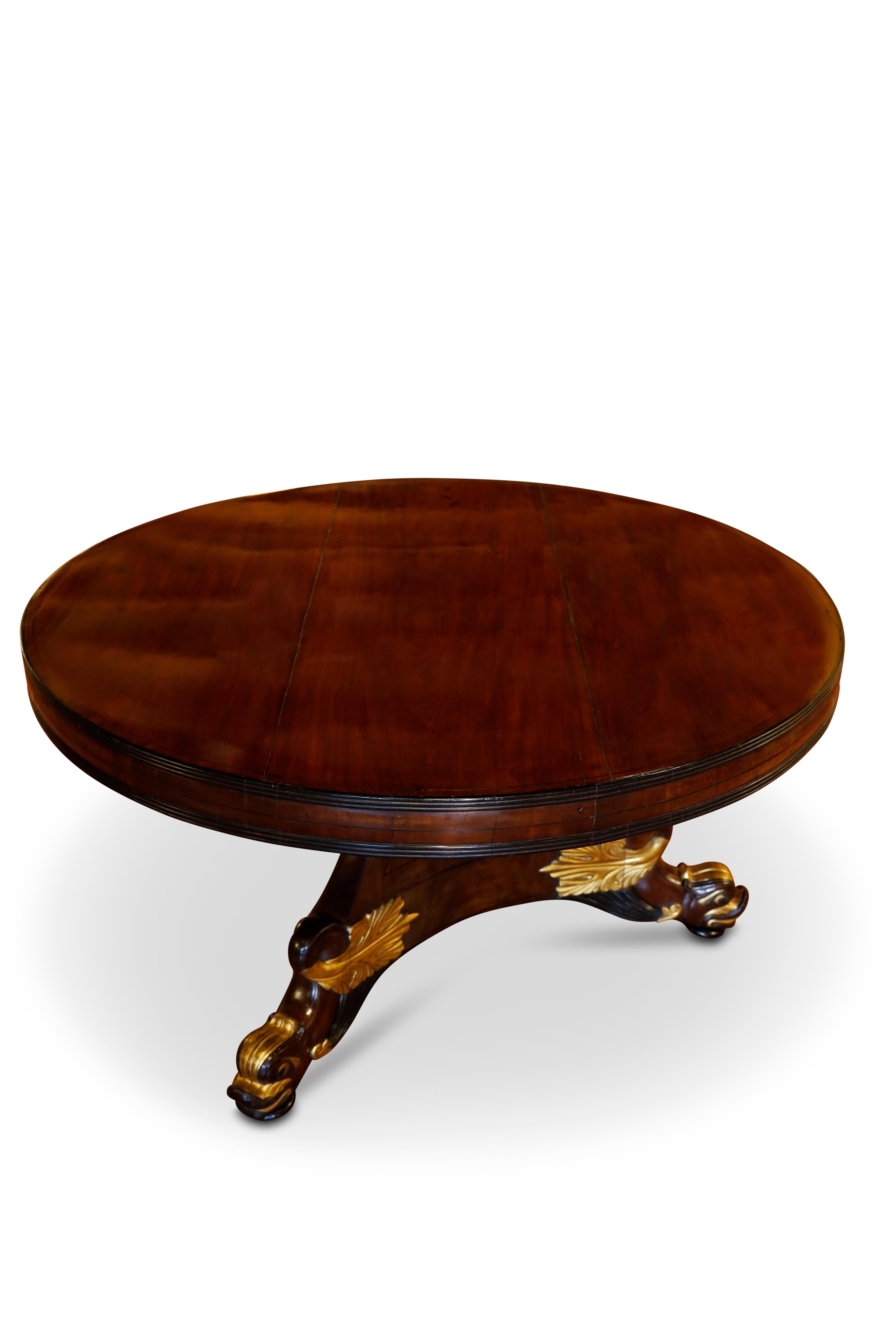 George IV mahogany center table with ebony banding and reeded edge.  Parcel gilt foliate design on triform base resting on carved feet featuring gilt and ebonzied dolphins.