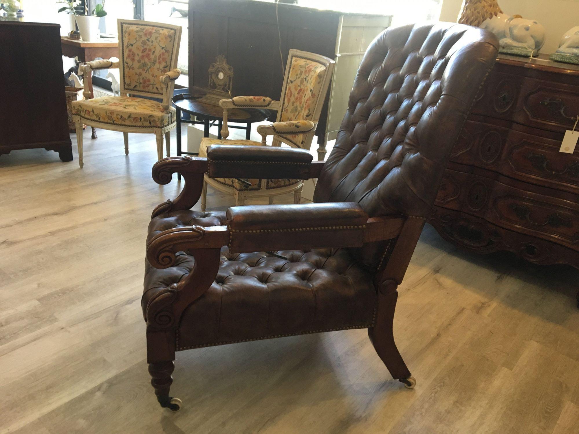 19th Century William IV Mahogany and Leather Reclining Library Chair