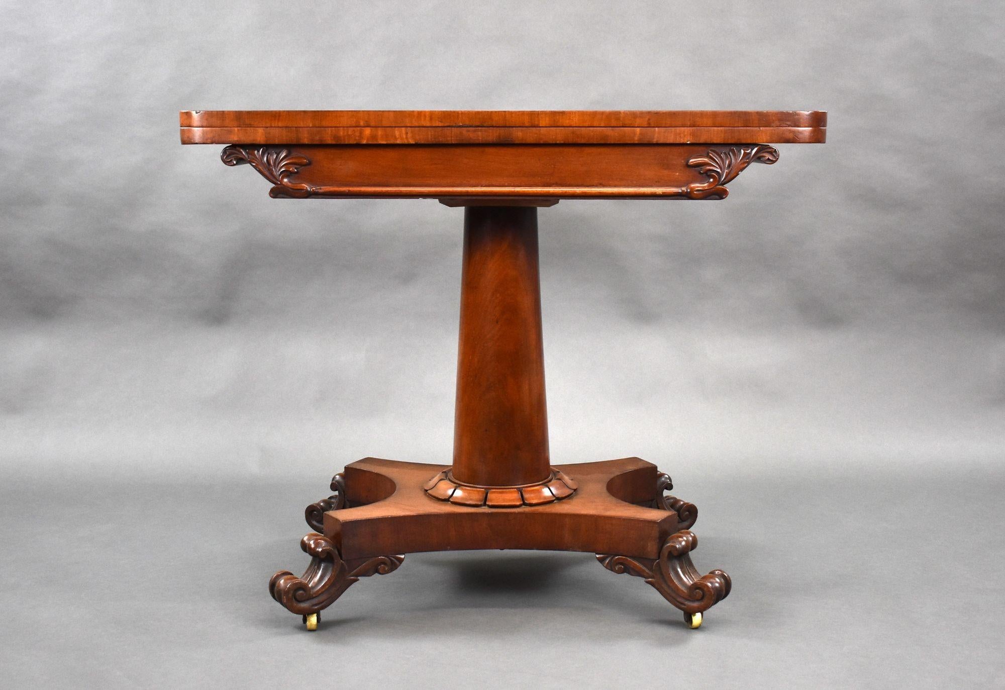 For sale is a good quality William IV mahogany card table, having a folder over top above a cylindrical stem, the table has a platform base raised on four elegant scroll feet. This piece remains in very good condition for its age.
Width: 91cm Depth: