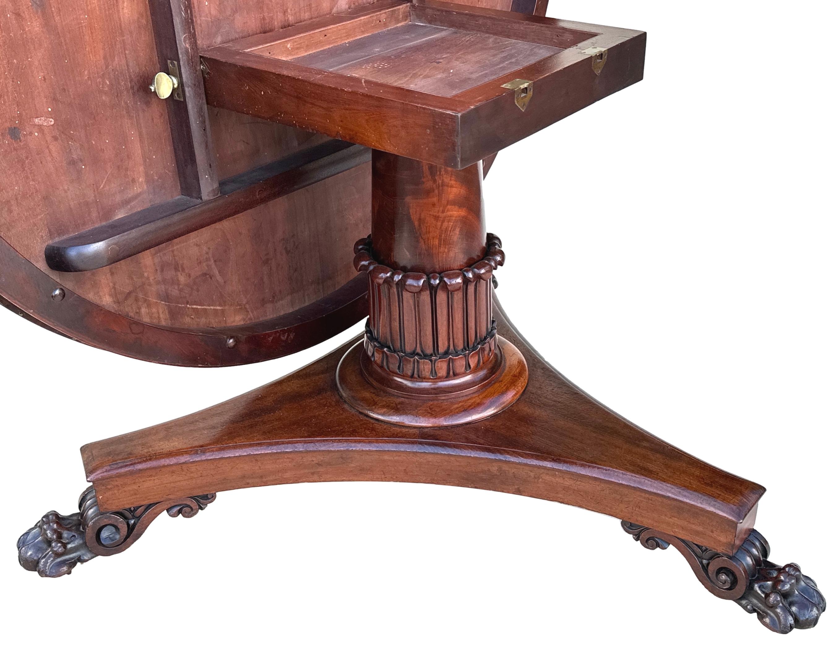 An Excellent Quality William IV Period, 19th Century Mahogany Centre Table, Having Superbly Figured Circular, Tilting Top Over Bold Turned Central Column Having Stylised Carved Lotus To Triform Base, With Elegant Carved Paw Feet & Concealed